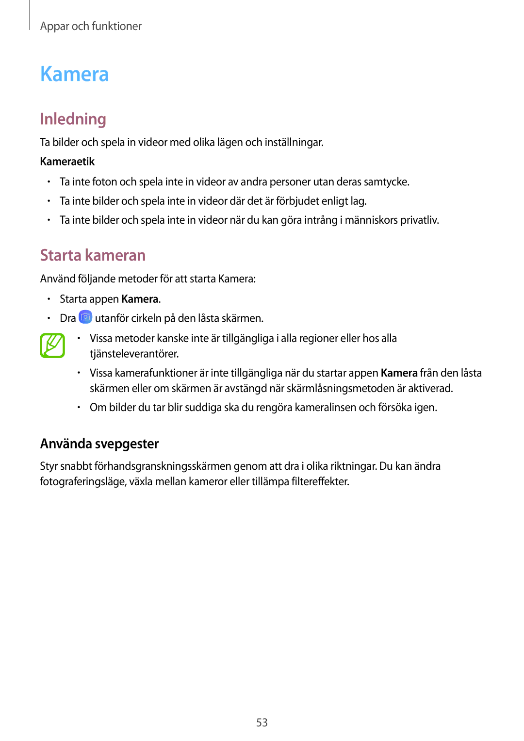 Samsung SM-T555NZKANEE, SM-T555NZWANEE, SM-T555NZKENEE manual Kamera, Starta kameran, Använda svepgester 