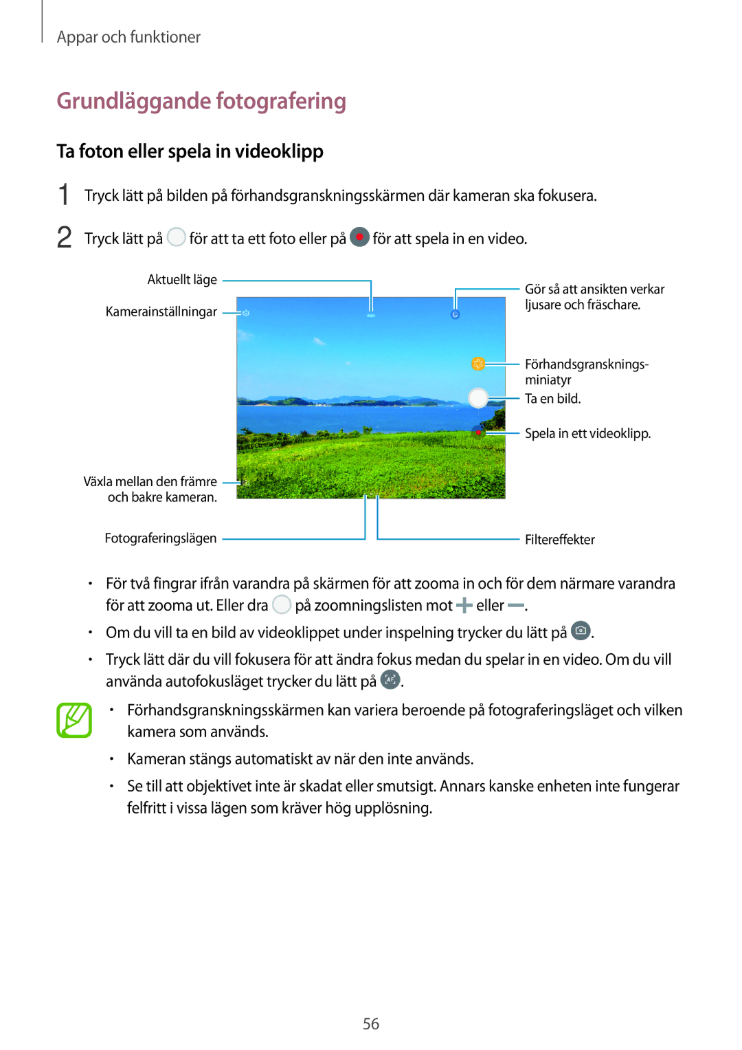 Samsung SM-T555NZKANEE, SM-T555NZWANEE, SM-T555NZKENEE manual Grundläggande fotografering, Ta foton eller spela in videoklipp 