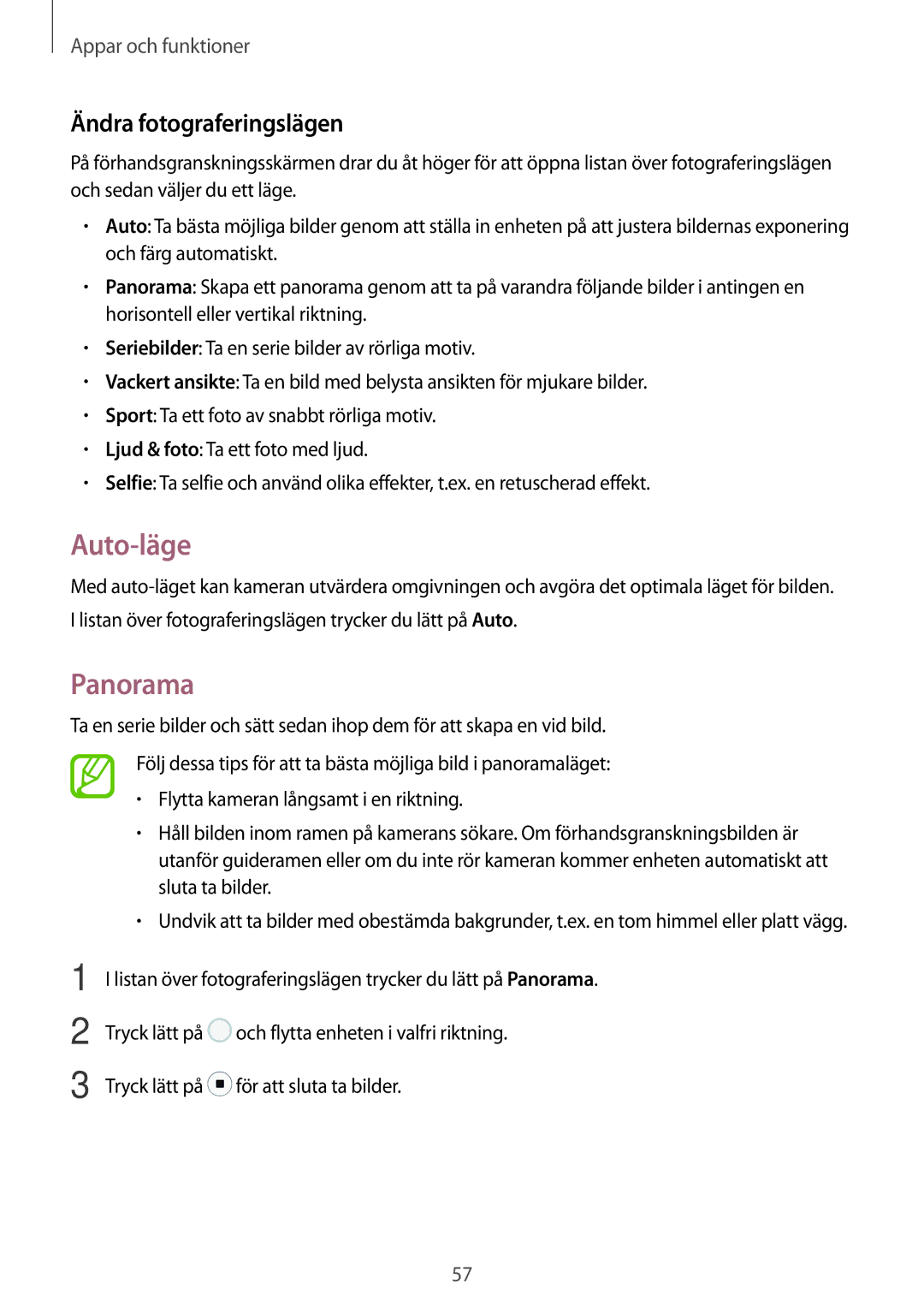 Samsung SM-T555NZWANEE, SM-T555NZKENEE, SM-T555NZKANEE manual Auto-läge, Panorama, Ändra fotograferingslägen 