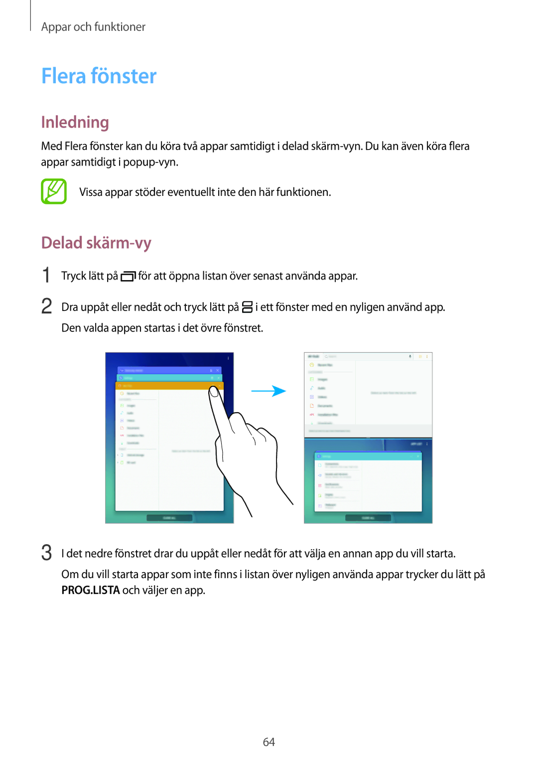 Samsung SM-T555NZKENEE, SM-T555NZWANEE, SM-T555NZKANEE manual Flera fönster, Delad skärm-vy 