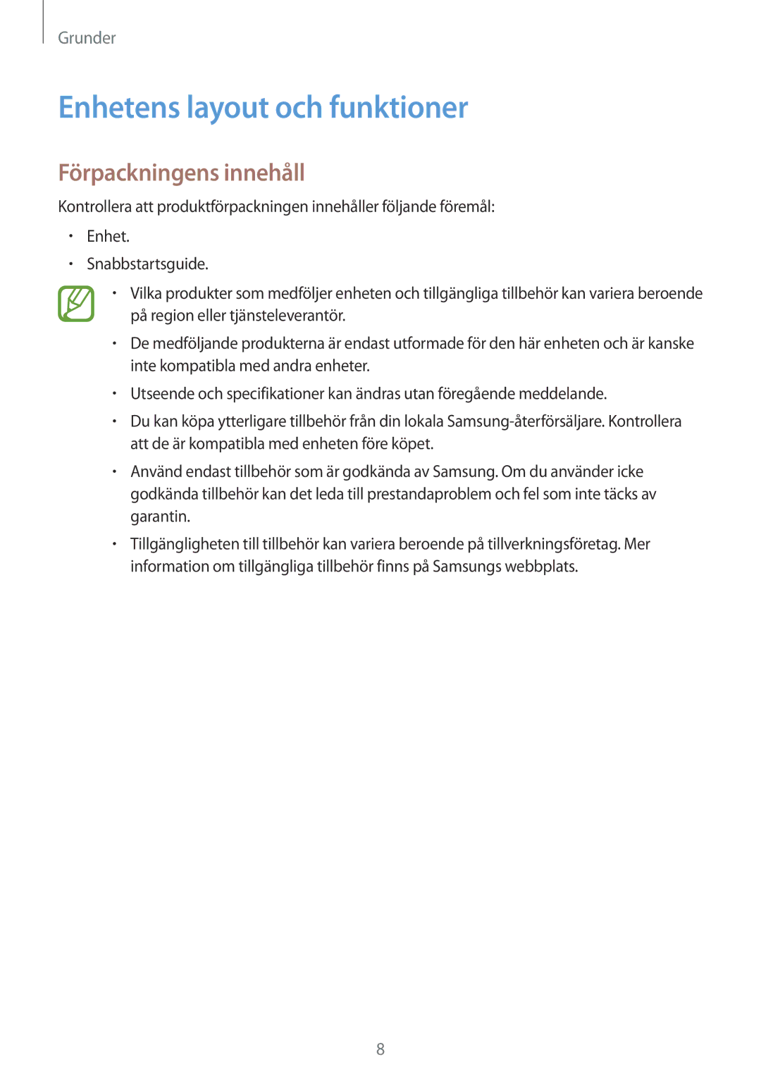 Samsung SM-T555NZKANEE, SM-T555NZWANEE, SM-T555NZKENEE manual Enhetens layout och funktioner, Förpackningens innehåll 