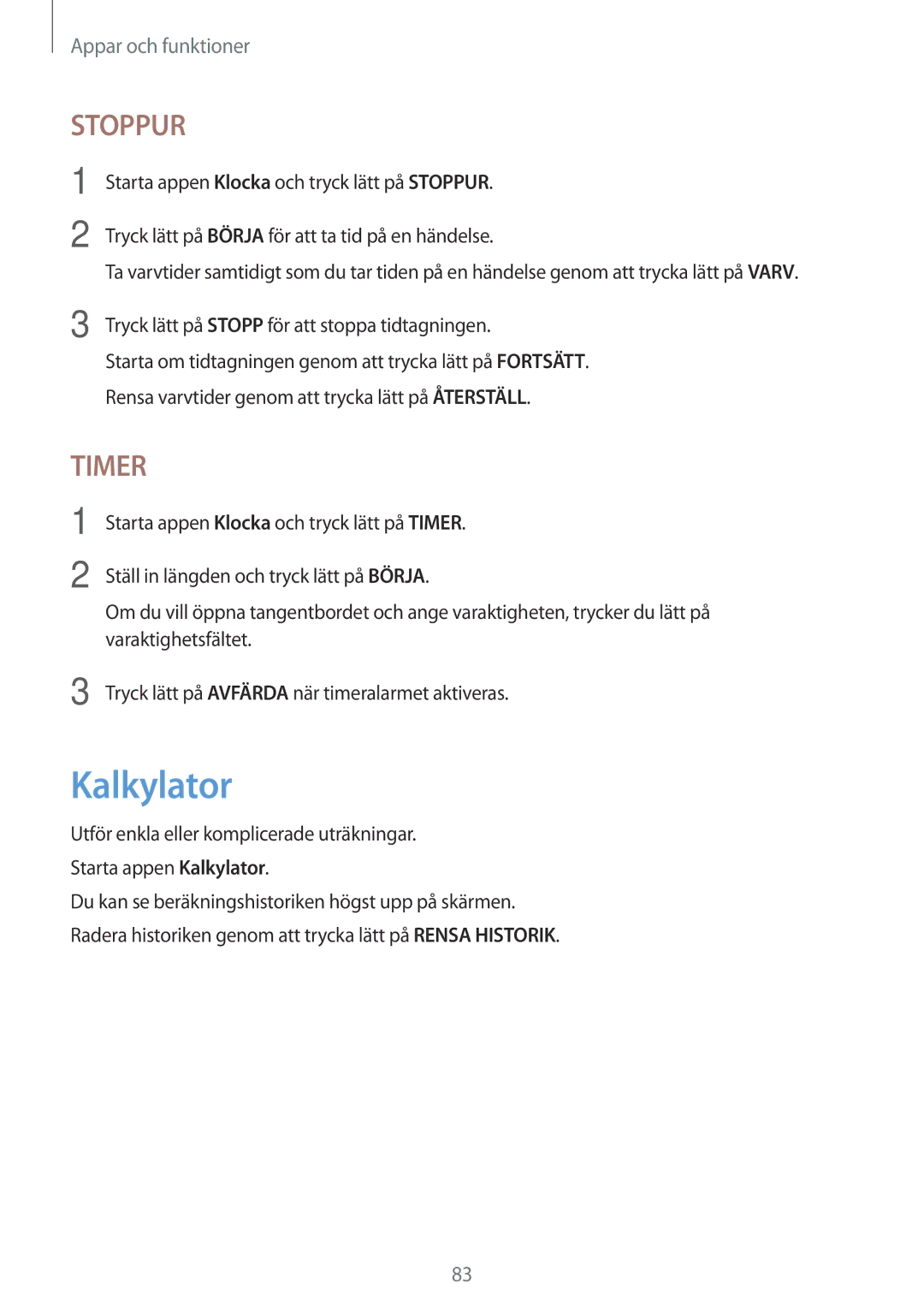 Samsung SM-T555NZKANEE, SM-T555NZWANEE, SM-T555NZKENEE manual Kalkylator, Stoppur 