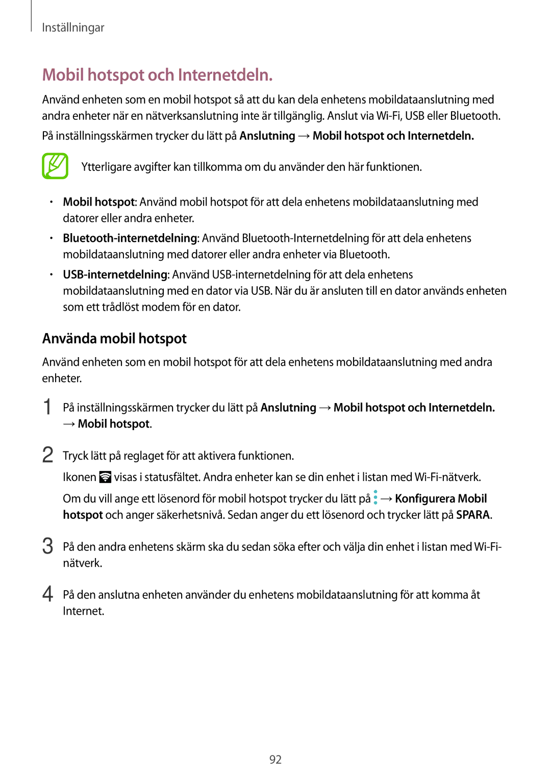 Samsung SM-T555NZKANEE, SM-T555NZWANEE, SM-T555NZKENEE manual Mobil hotspot och Internetdeln, Använda mobil hotspot 