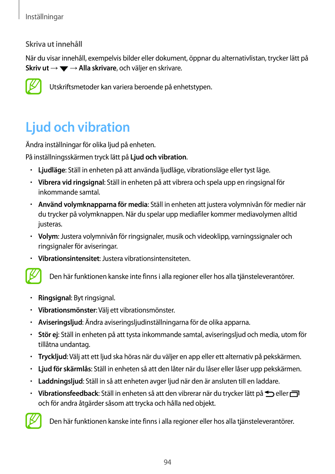 Samsung SM-T555NZKENEE, SM-T555NZWANEE, SM-T555NZKANEE manual Ljud och vibration, Skriva ut innehåll 