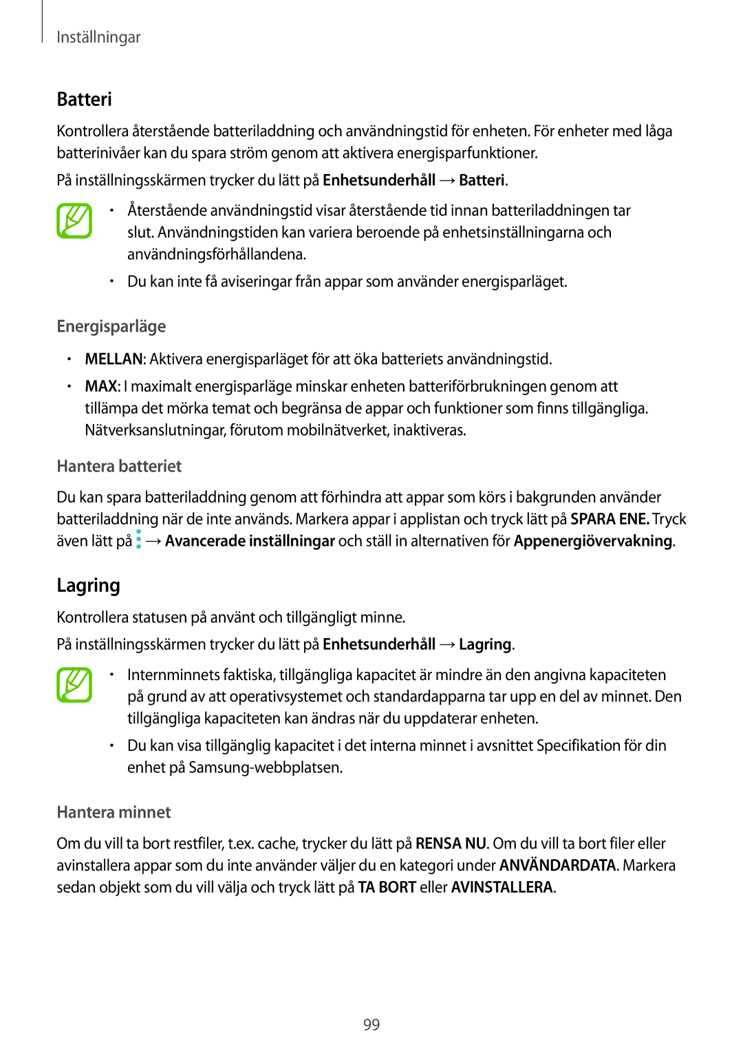 Samsung SM-T555NZWANEE, SM-T555NZKENEE, SM-T555NZKANEE manual Batteri, Lagring 