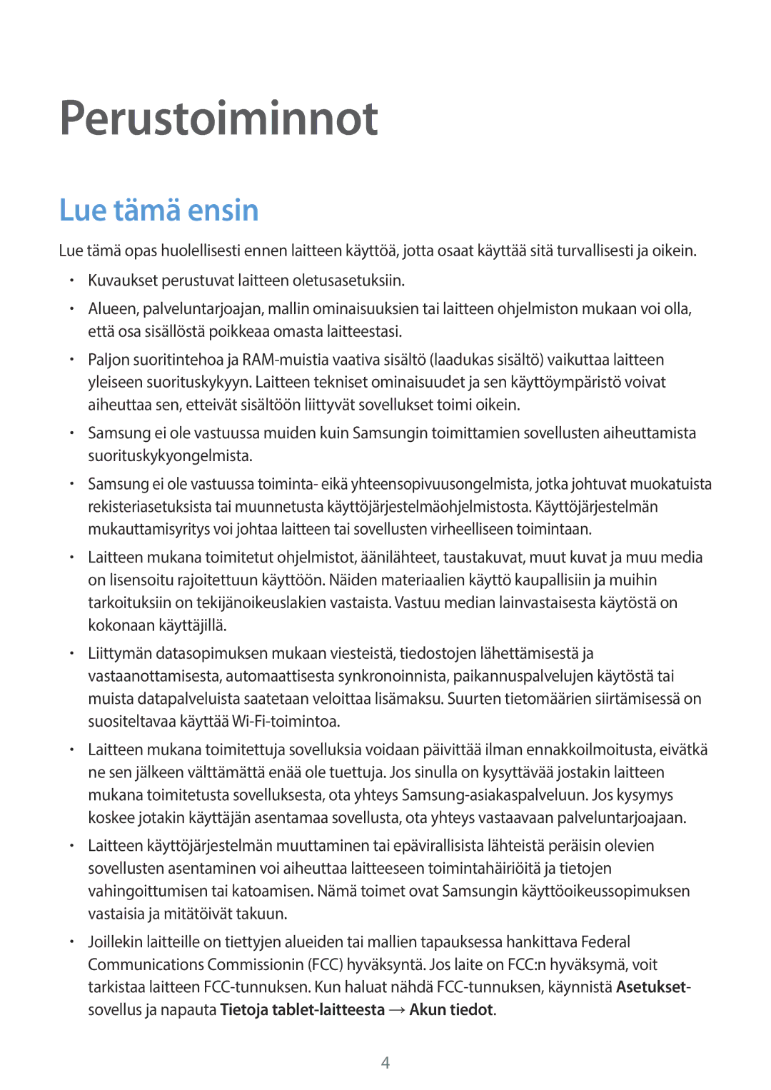 Samsung SM-T555NZKENEE, SM-T555NZWANEE, SM-T555NZKANEE manual Perustoiminnot, Lue tämä ensin 