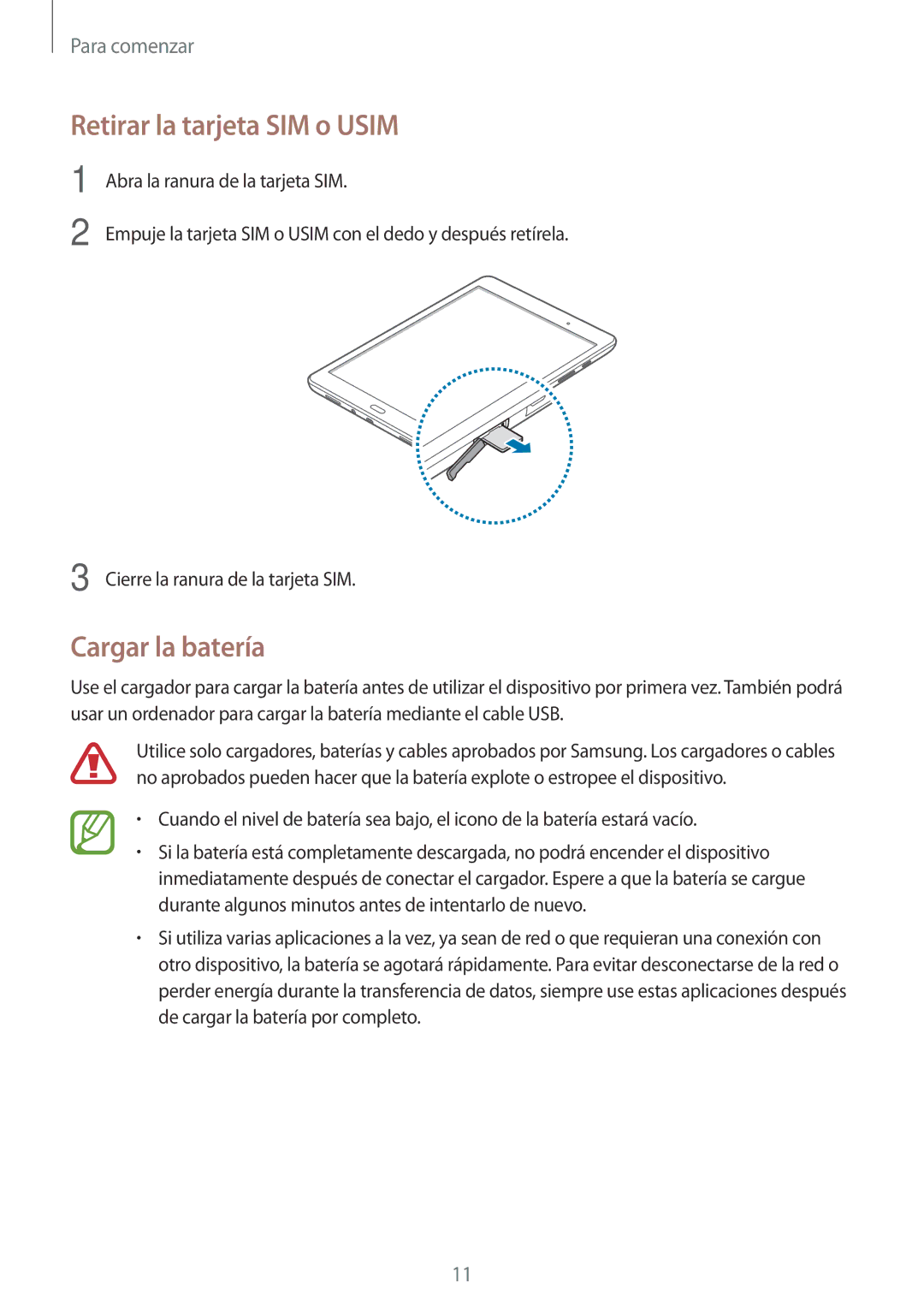 Samsung SM-T555NZWAPHE manual Retirar la tarjeta SIM o Usim, Cargar la batería 