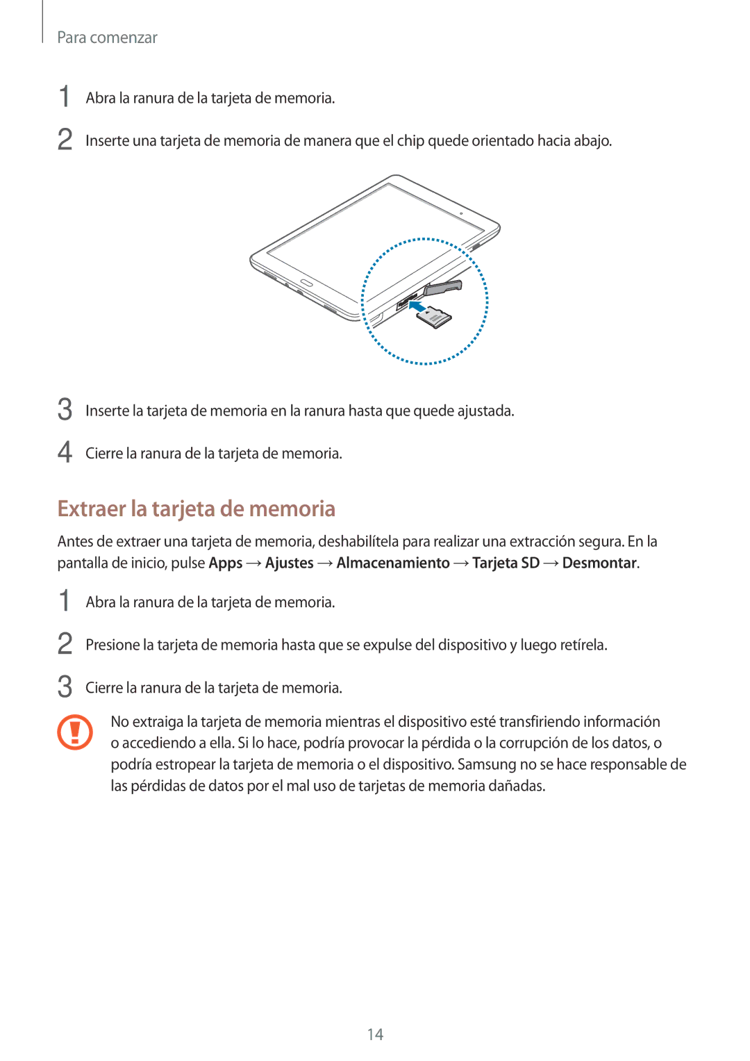 Samsung SM-T555NZWAPHE manual Extraer la tarjeta de memoria 