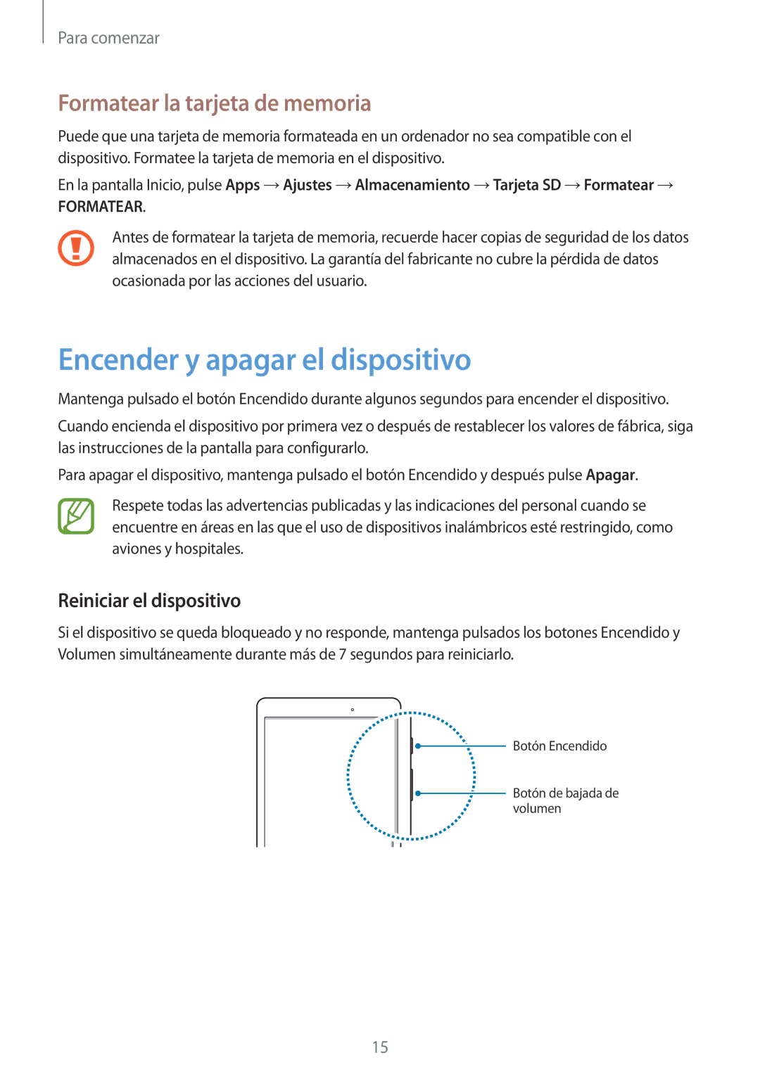 Samsung SM-T555NZWAPHE manual Encender y apagar el dispositivo, Formatear la tarjeta de memoria, Reiniciar el dispositivo 