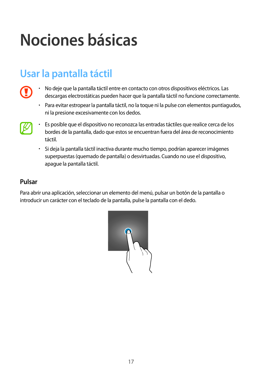 Samsung SM-T555NZWAPHE manual Nociones básicas, Usar la pantalla táctil, Pulsar 