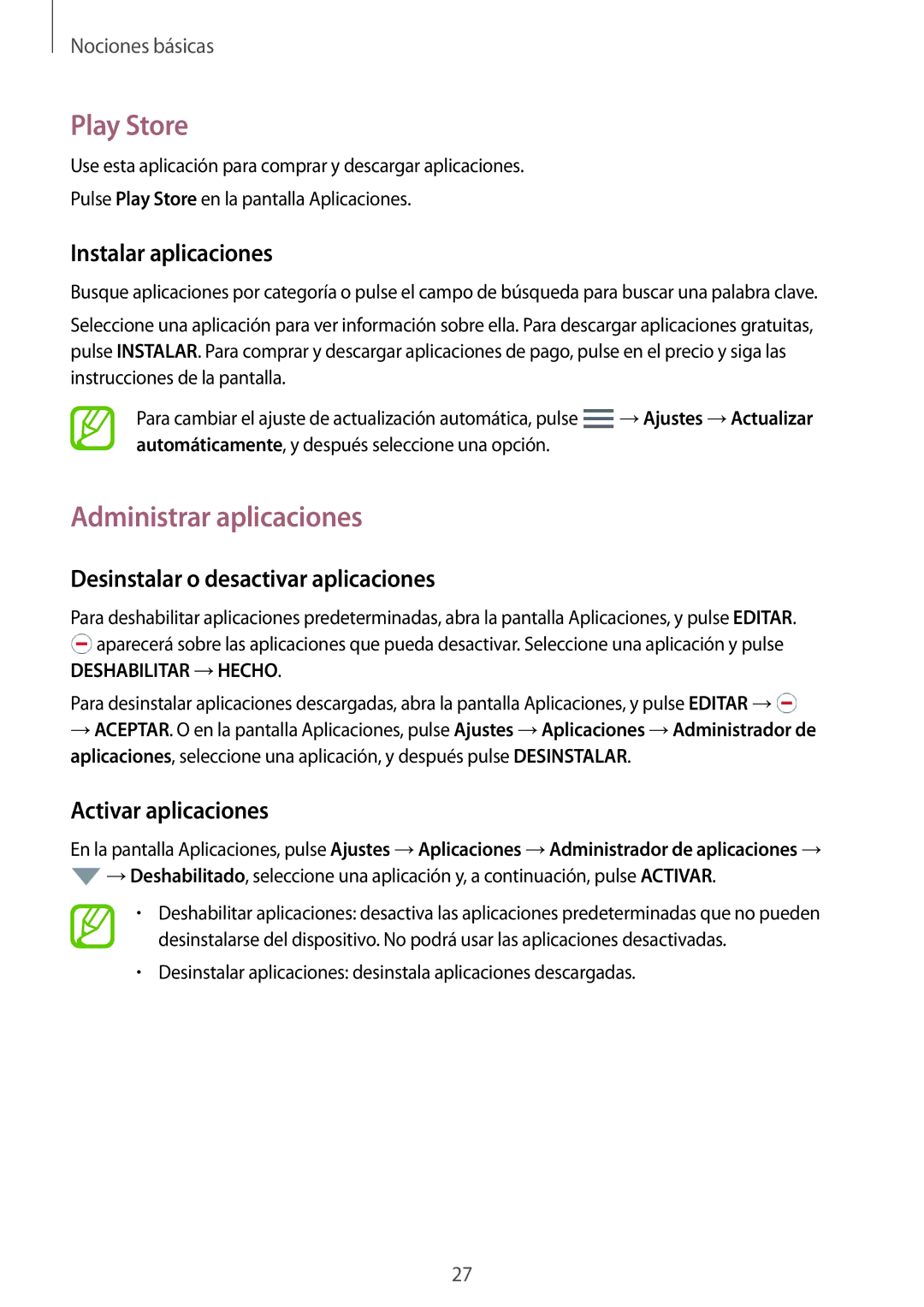 Samsung SM-T555NZWAPHE Play Store, Administrar aplicaciones, Desinstalar o desactivar aplicaciones, Activar aplicaciones 