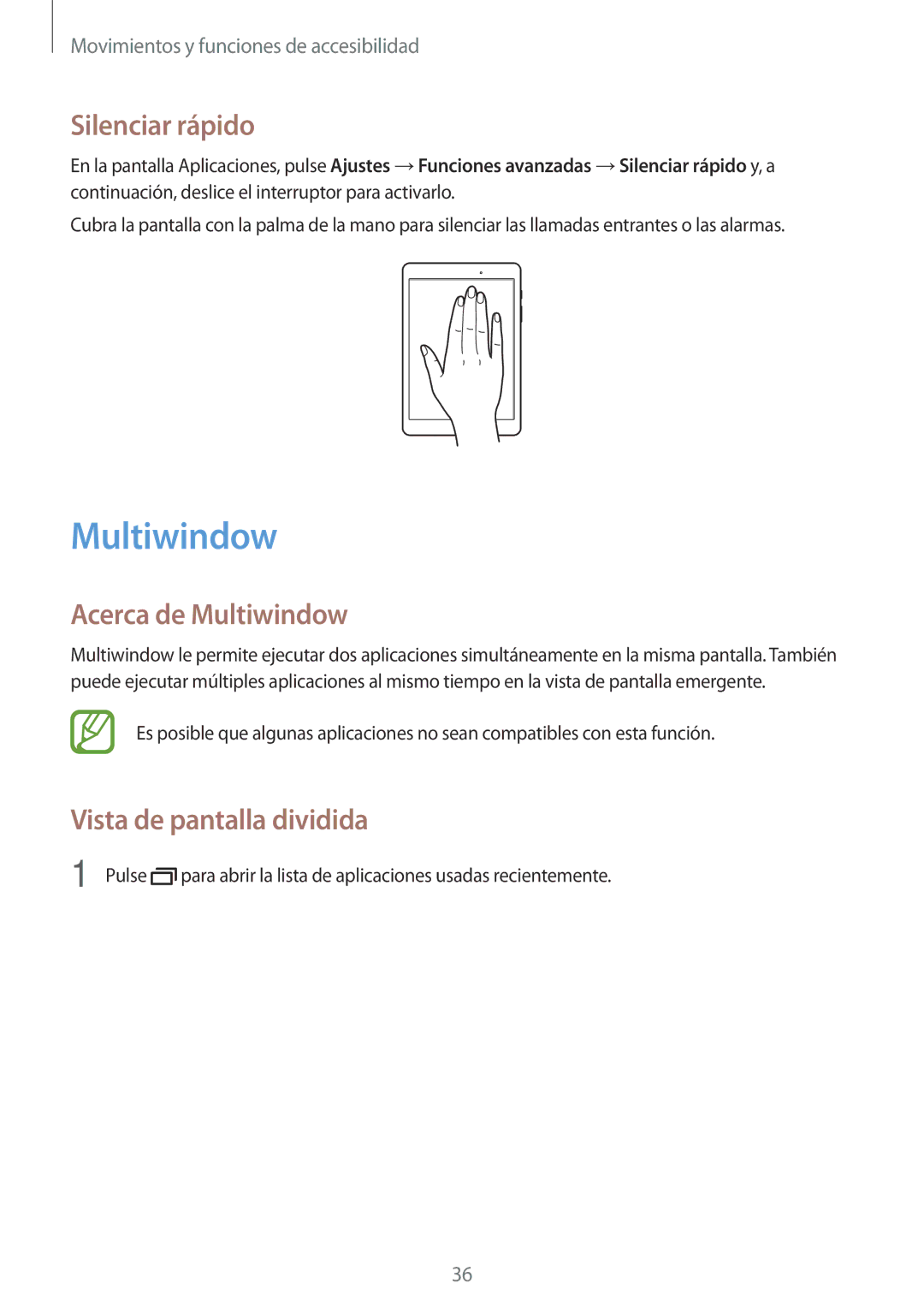 Samsung SM-T555NZWAPHE manual Silenciar rápido, Acerca de Multiwindow, Vista de pantalla dividida 