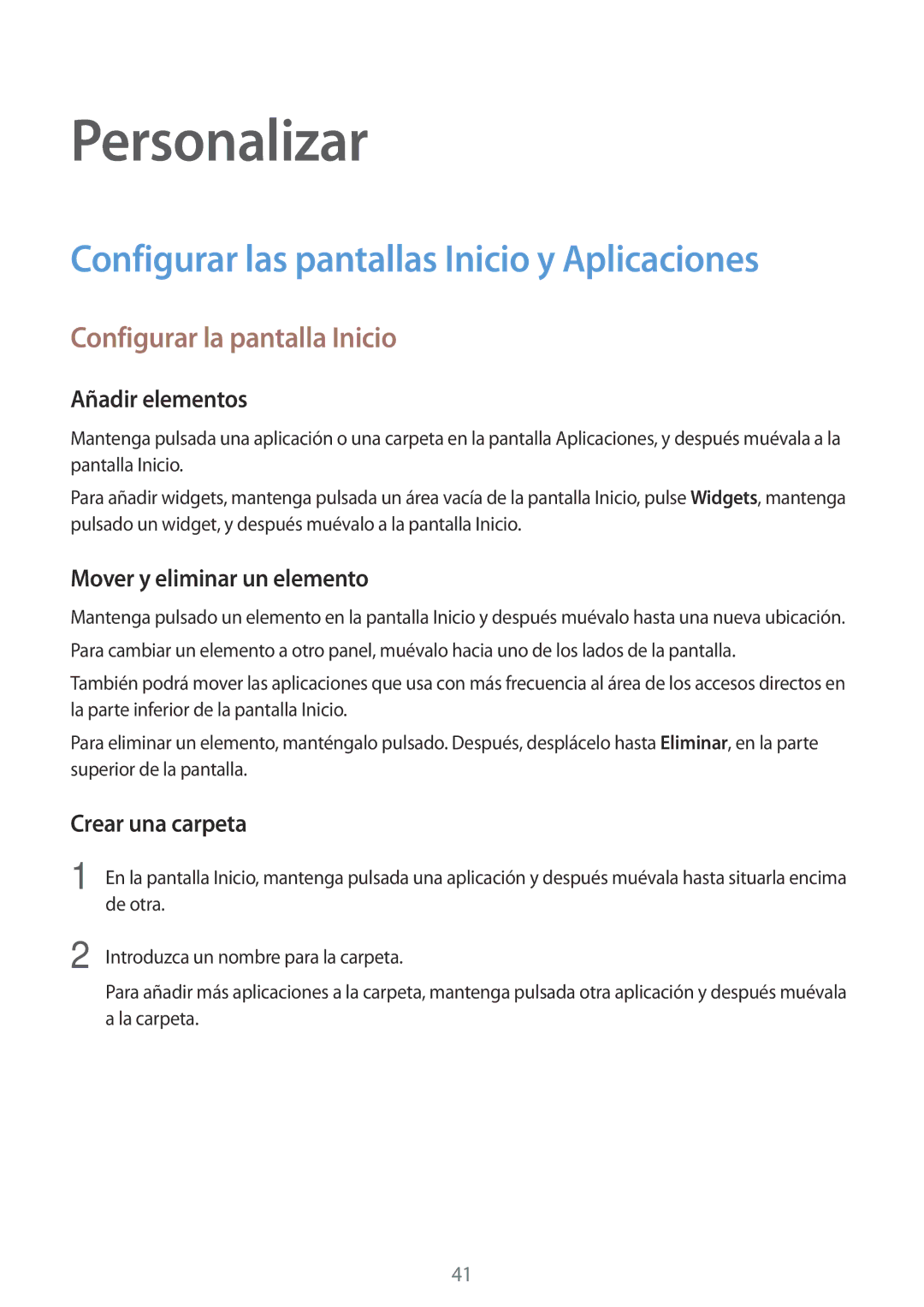 Samsung SM-T555NZWAPHE manual Personalizar, Configurar las pantallas Inicio y Aplicaciones, Configurar la pantalla Inicio 