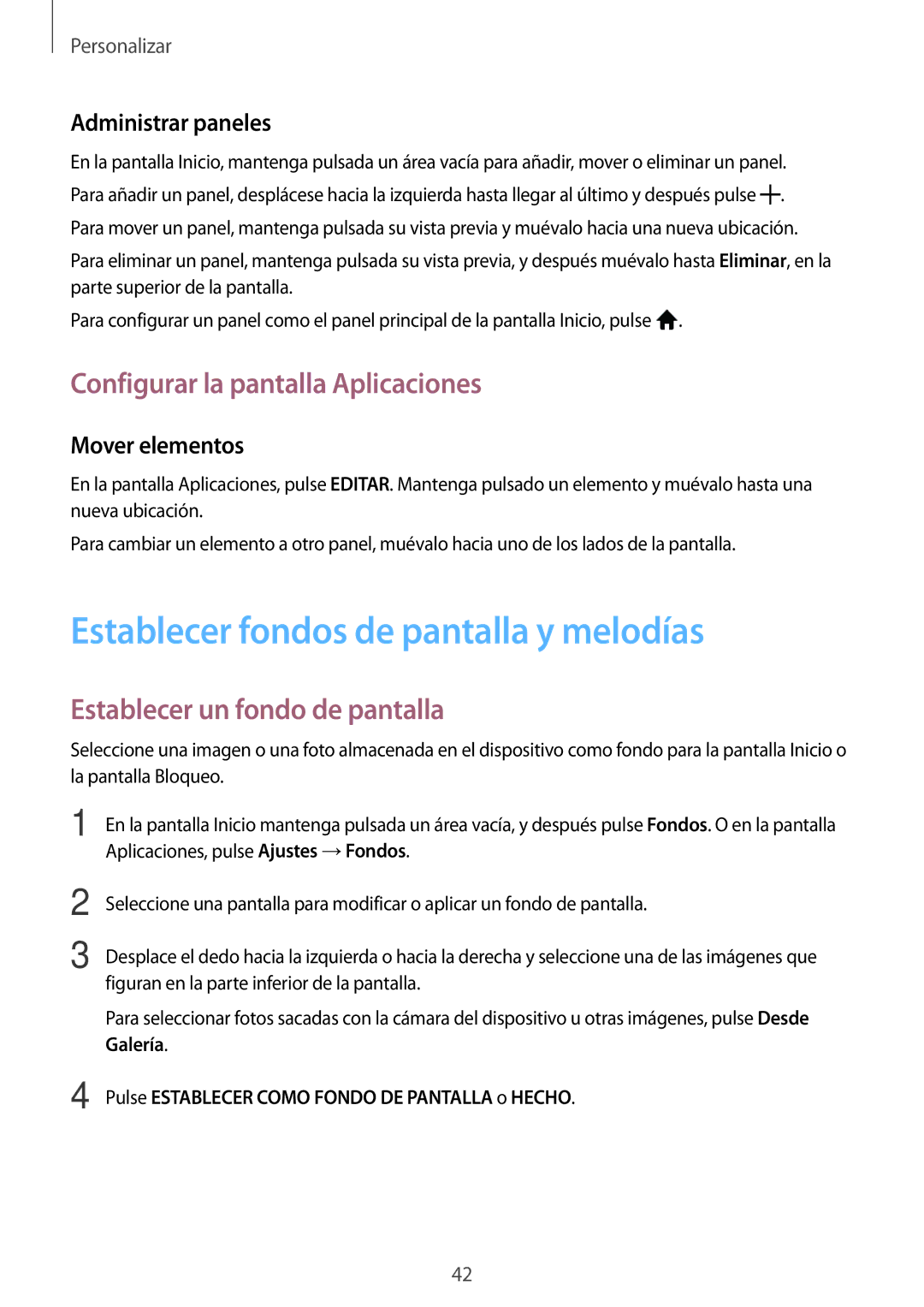 Samsung SM-T555NZWAPHE Establecer fondos de pantalla y melodías, Configurar la pantalla Aplicaciones, Administrar paneles 