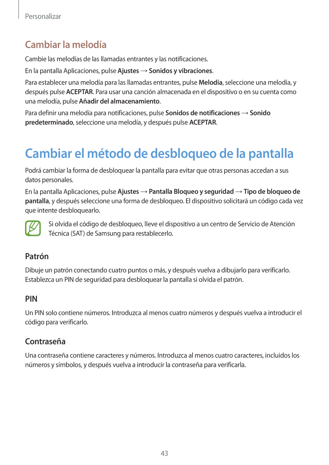 Samsung SM-T555NZWAPHE manual Cambiar la melodía, Patrón, Contraseña 