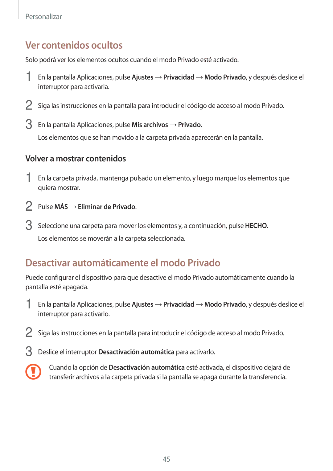 Samsung SM-T555NZWAPHE Ver contenidos ocultos, Desactivar automáticamente el modo Privado, Volver a mostrar contenidos 