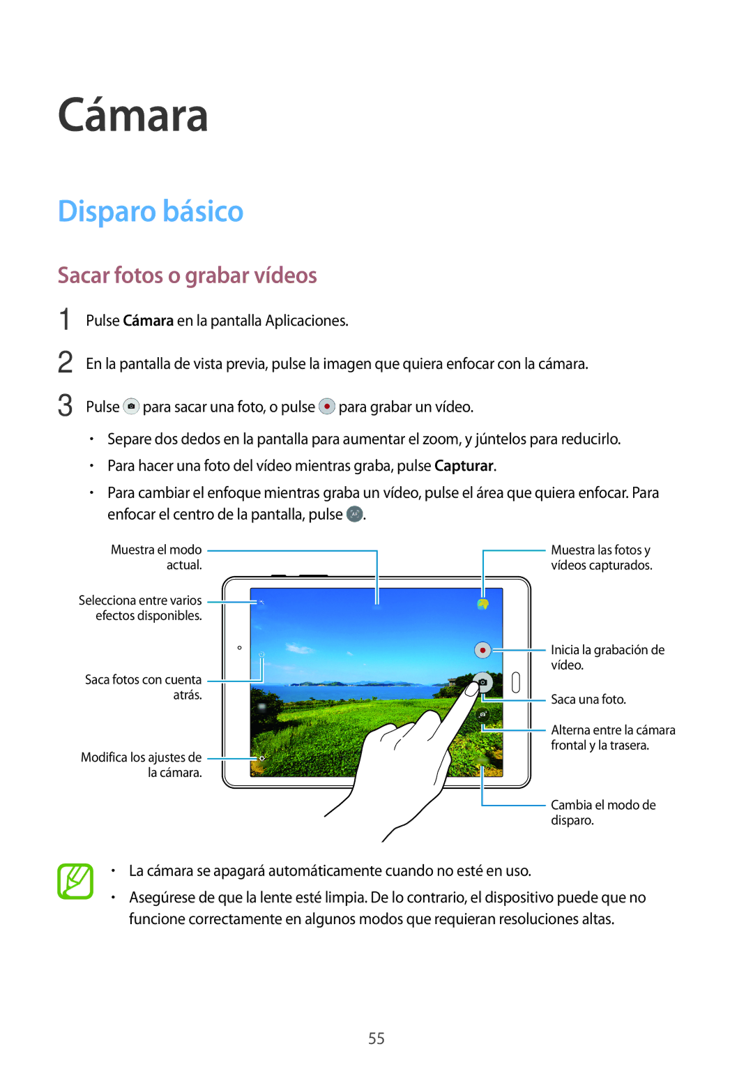 Samsung SM-T555NZWAPHE manual Cámara, Disparo básico, Sacar fotos o grabar vídeos 