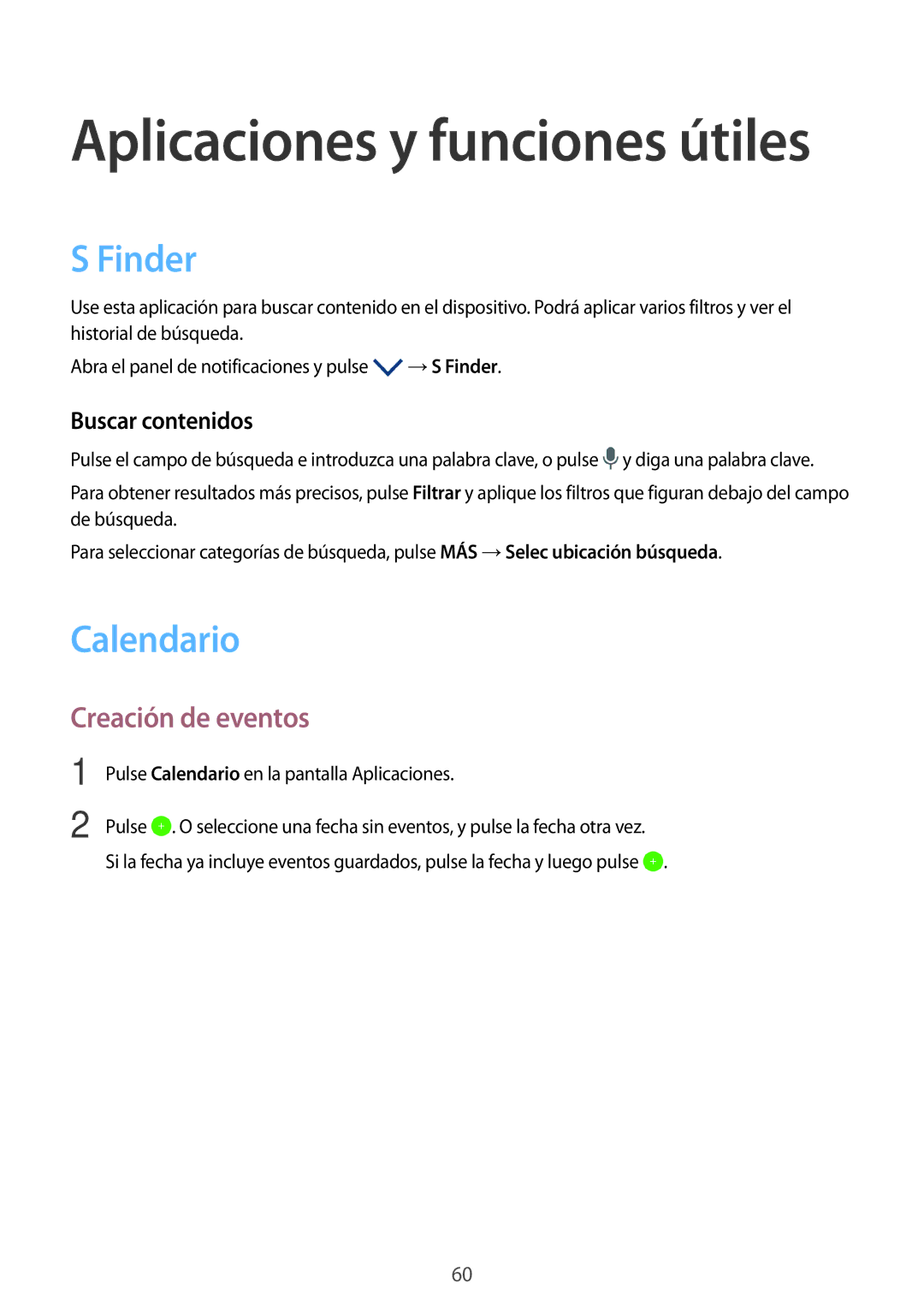 Samsung SM-T555NZWAPHE manual Finder, Calendario, Creación de eventos, Buscar contenidos 