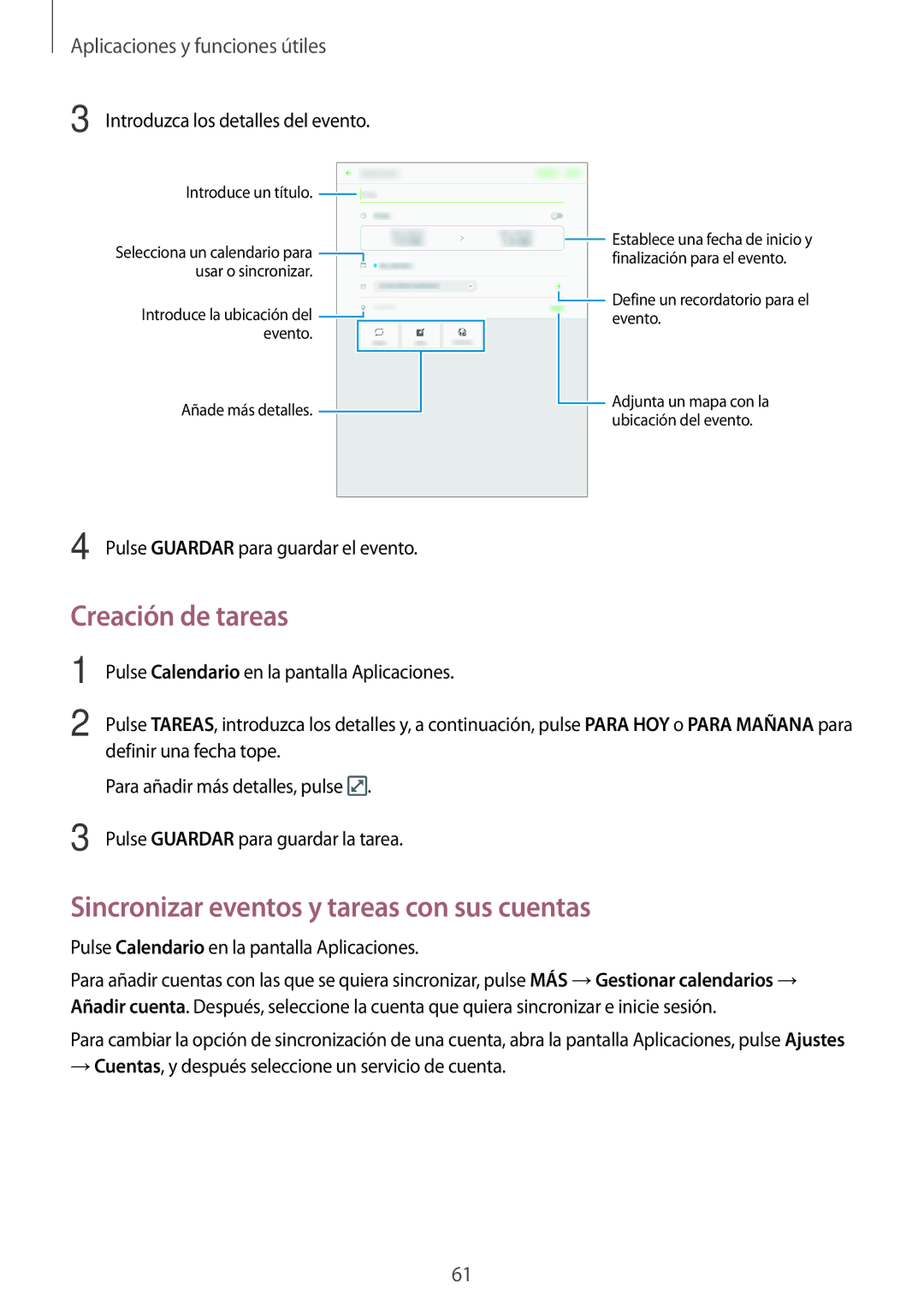 Samsung SM-T555NZWAPHE manual Creación de tareas, Sincronizar eventos y tareas con sus cuentas 