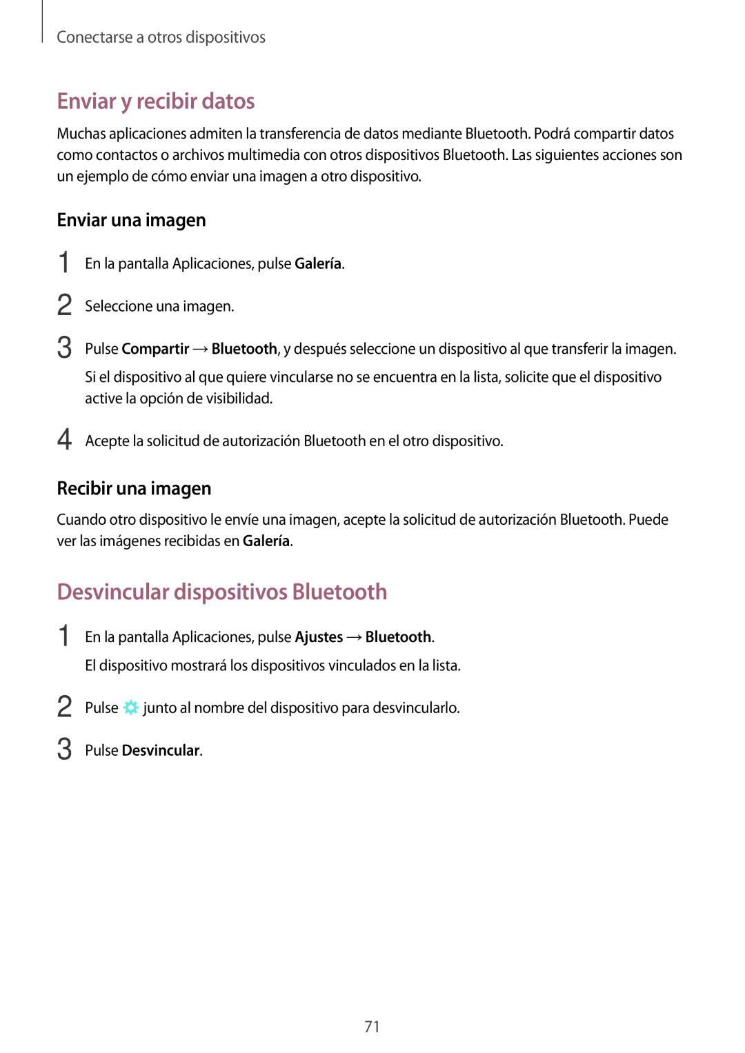 Samsung SM-T555NZWAPHE Enviar y recibir datos, Desvincular dispositivos Bluetooth, Enviar una imagen, Recibir una imagen 