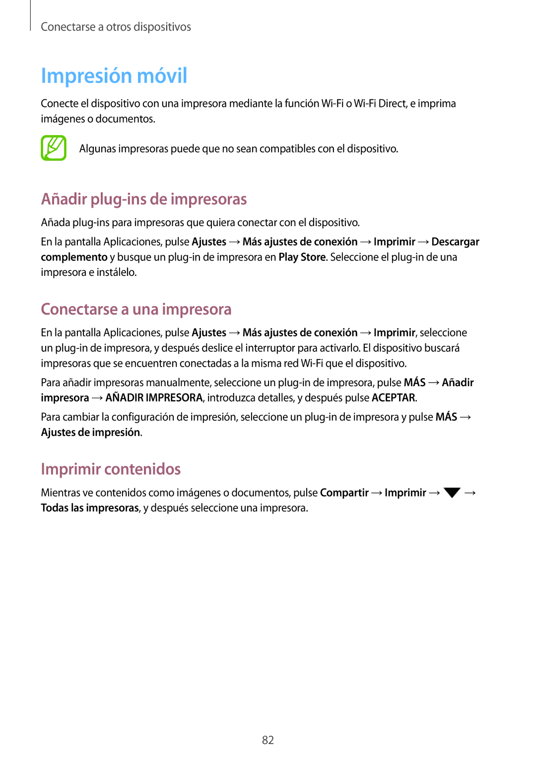 Samsung SM-T555NZWAPHE Impresión móvil, Añadir plug-ins de impresoras, Conectarse a una impresora, Imprimir contenidos 