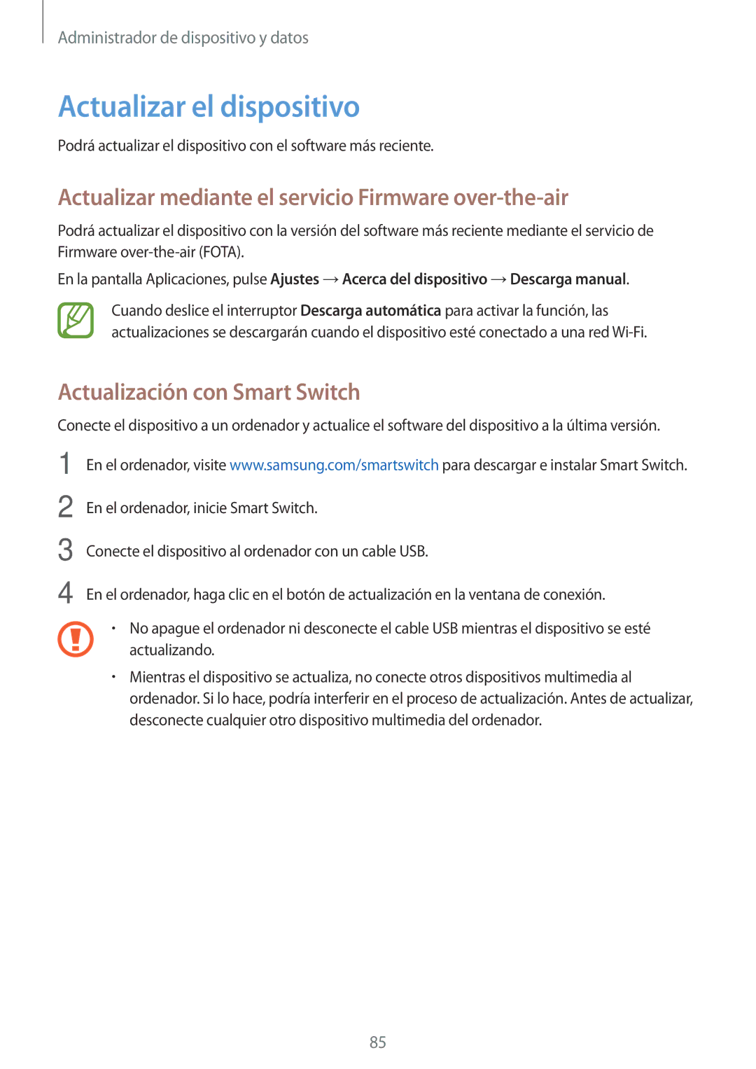 Samsung SM-T555NZWAPHE manual Actualizar el dispositivo, Actualizar mediante el servicio Firmware over-the-air 