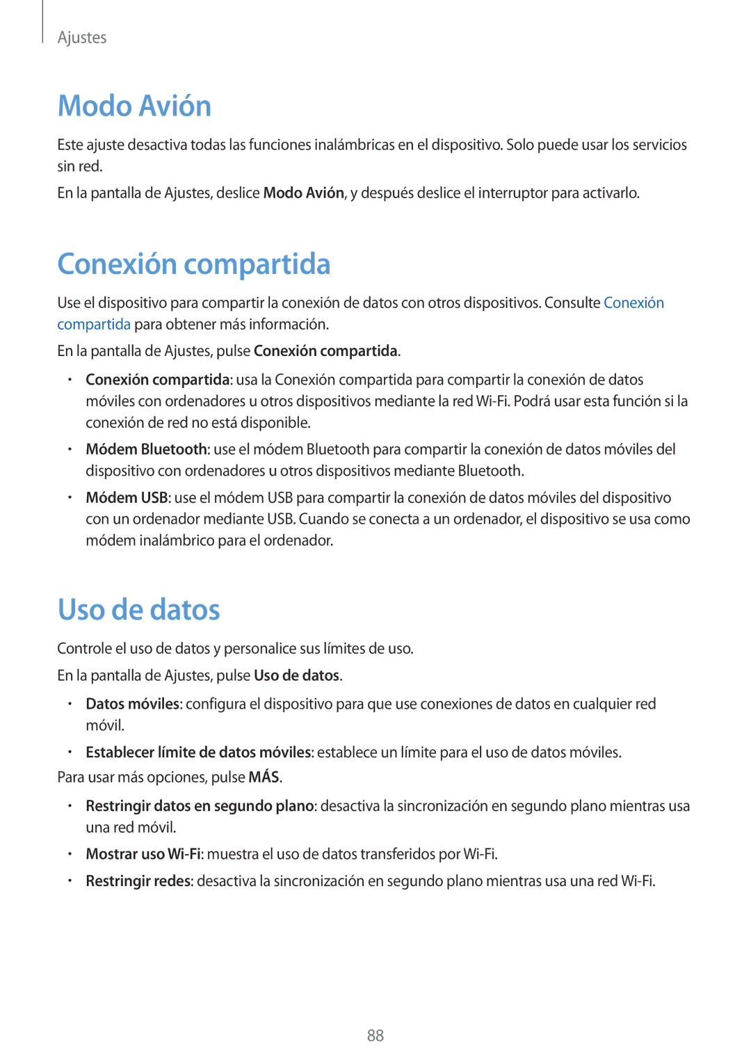 Samsung SM-T555NZWAPHE manual Modo Avión, Uso de datos 