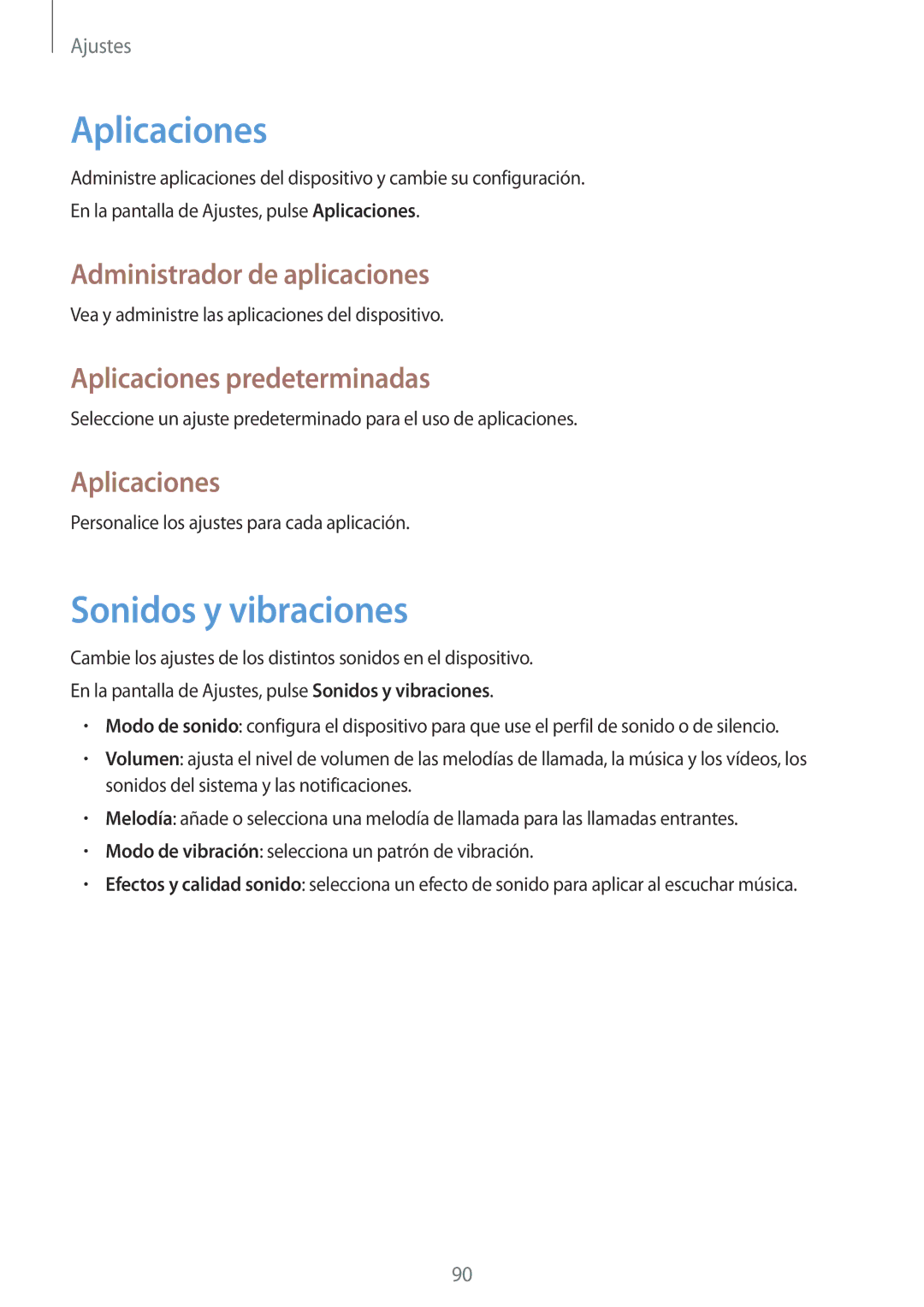 Samsung SM-T555NZWAPHE manual Sonidos y vibraciones, Administrador de aplicaciones, Aplicaciones predeterminadas 