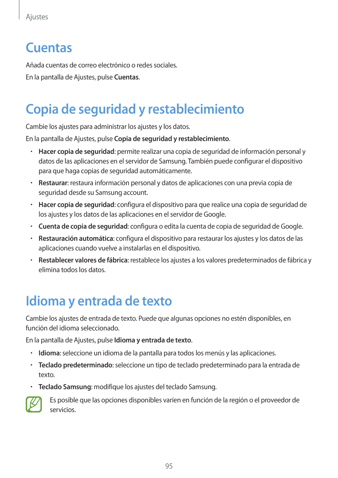 Samsung SM-T555NZWAPHE manual Cuentas, Copia de seguridad y restablecimiento, Idioma y entrada de texto 