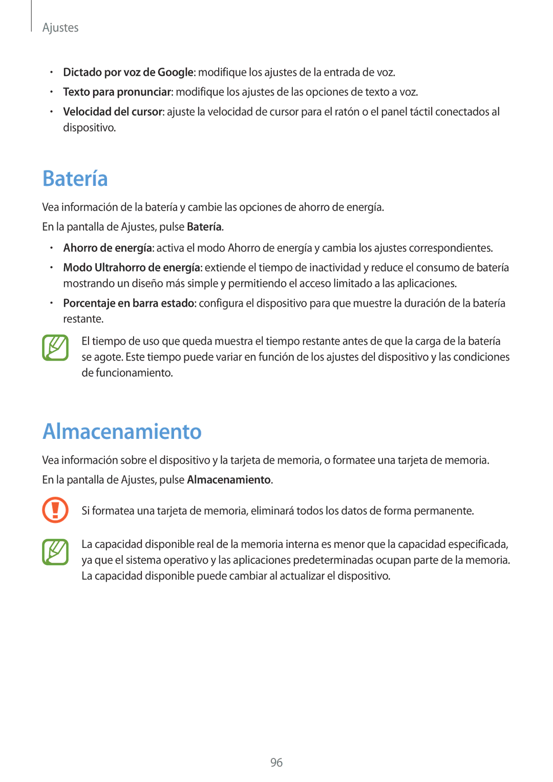 Samsung SM-T555NZWAPHE manual Batería, Almacenamiento 