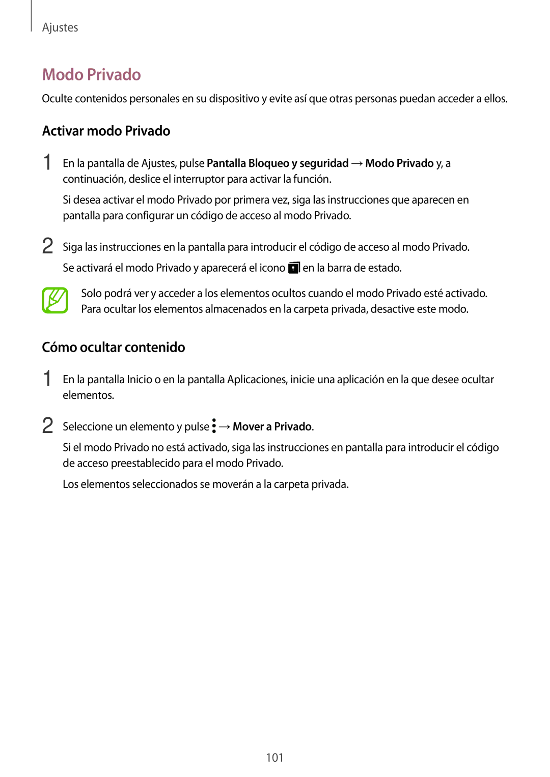 Samsung SM-T555NZWAPHE manual Modo Privado, Activar modo Privado, Cómo ocultar contenido 