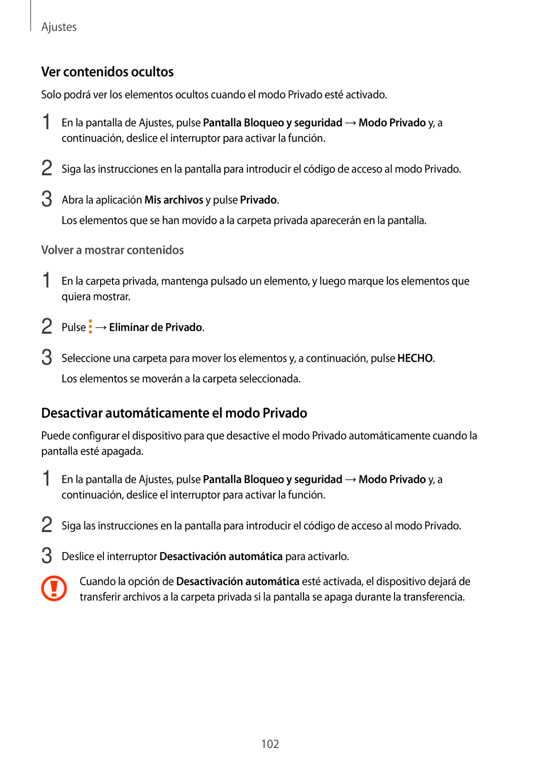 Samsung SM-T555NZWAPHE Ver contenidos ocultos, Desactivar automáticamente el modo Privado, Pulse →Eliminar de Privado 