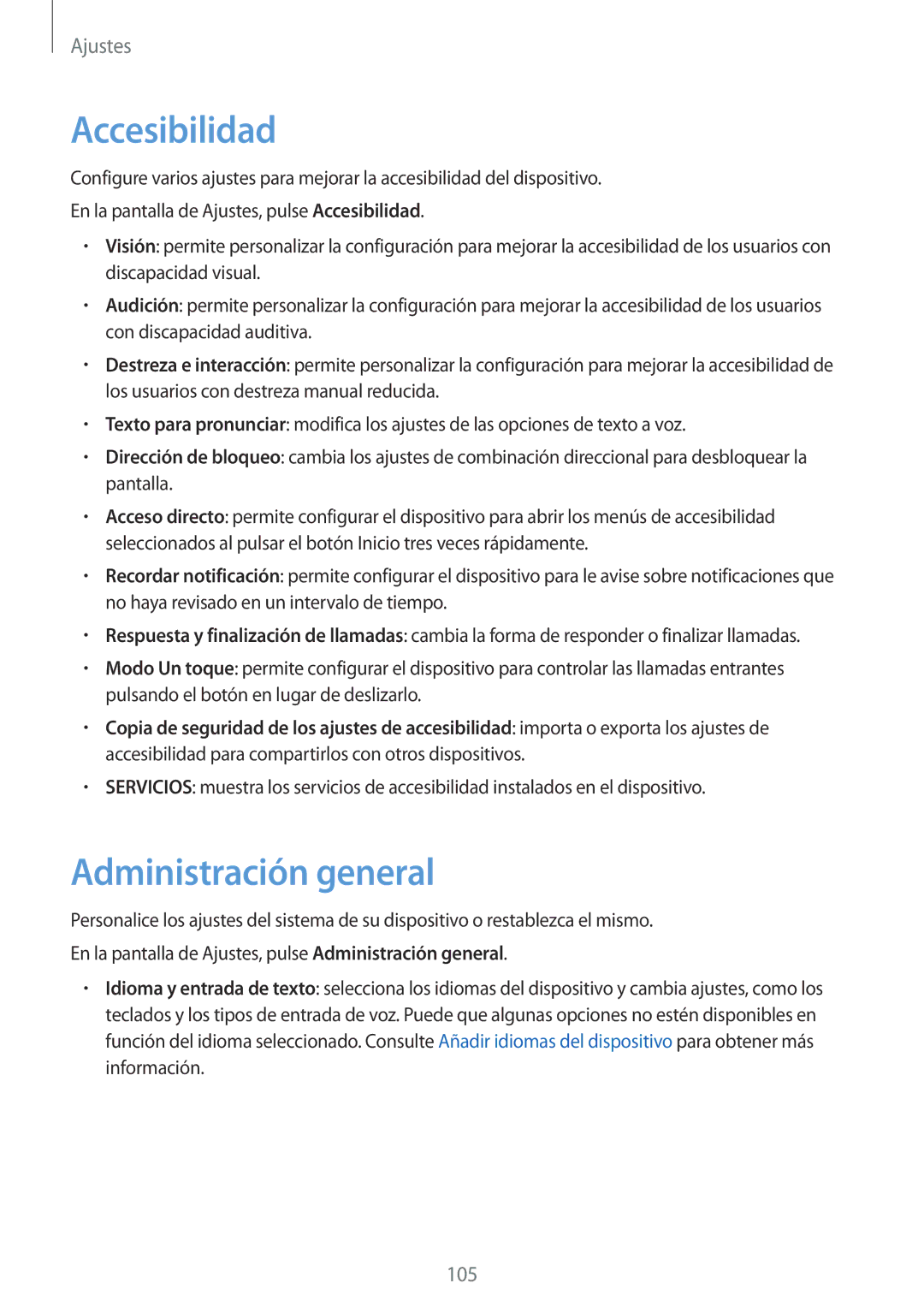 Samsung SM-T555NZWAPHE manual Accesibilidad, Administración general 