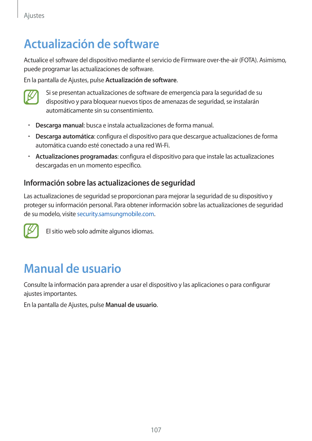 Samsung SM-T555NZWAPHE Actualización de software, Manual de usuario, Información sobre las actualizaciones de seguridad 