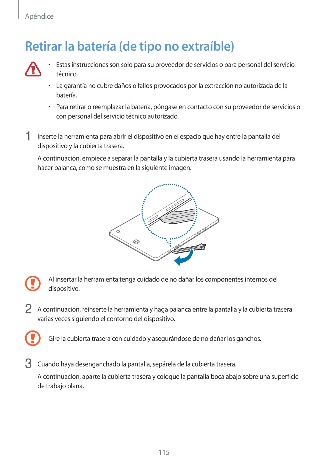 Samsung SM-T555NZWAPHE manual Retirar la batería de tipo no extraíble 