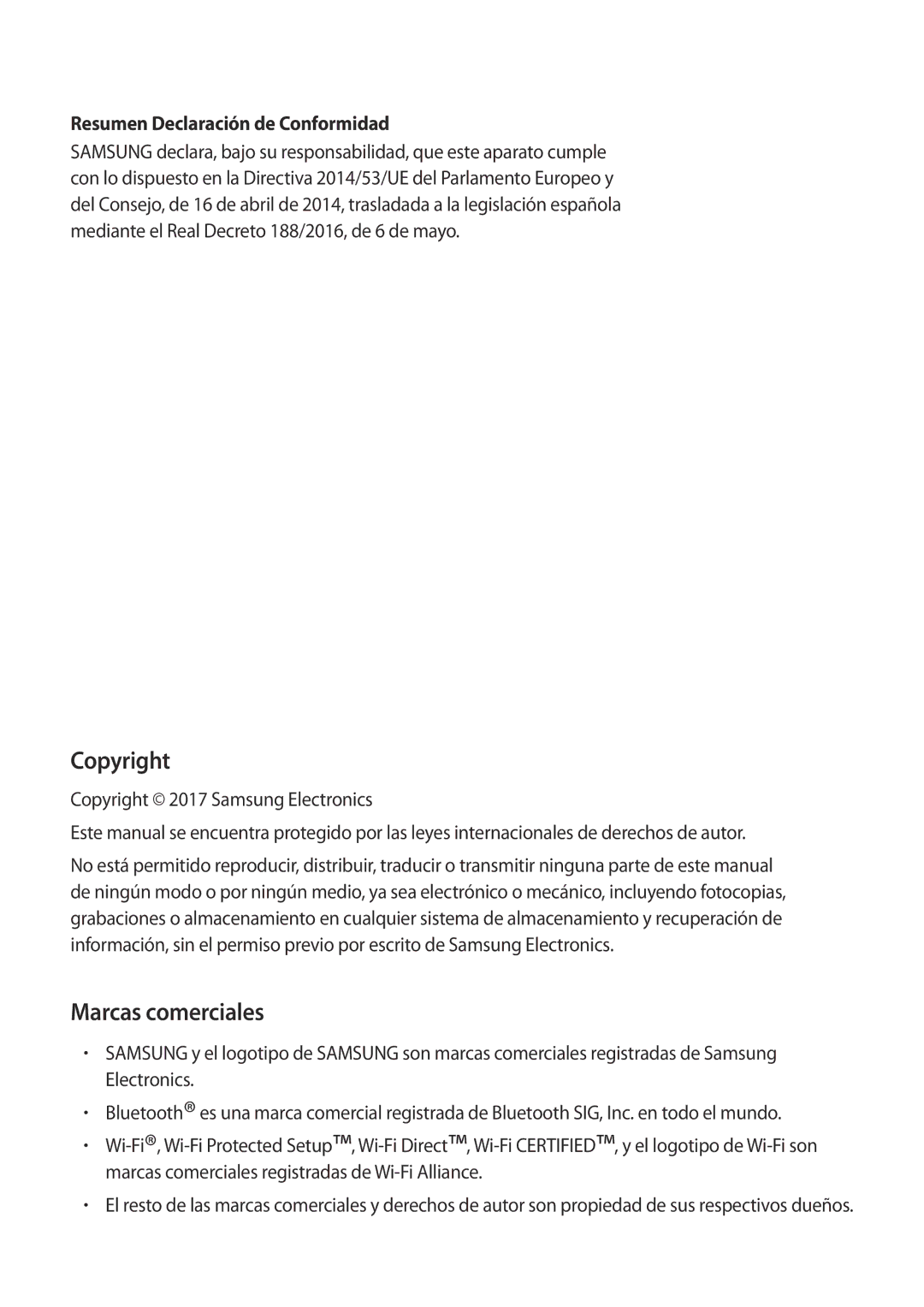 Samsung SM-T555NZWAPHE manual Copyright, Marcas comerciales, Resumen Declaración de Conformidad 