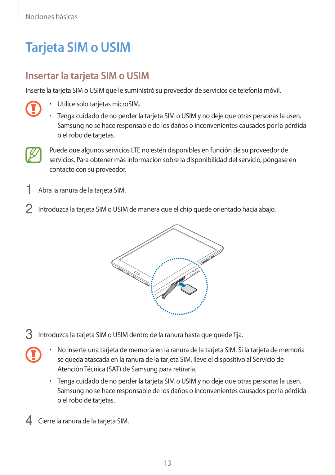 Samsung SM-T555NZWAPHE manual Tarjeta SIM o Usim, Insertar la tarjeta SIM o Usim 