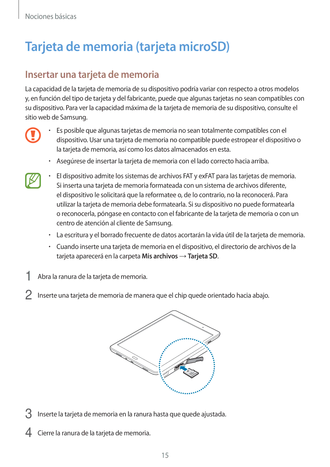 Samsung SM-T555NZWAPHE manual Tarjeta de memoria tarjeta microSD, Insertar una tarjeta de memoria 