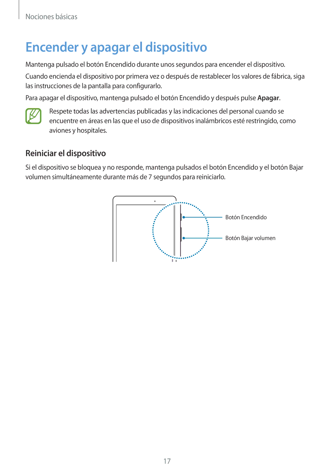 Samsung SM-T555NZWAPHE manual Encender y apagar el dispositivo, Reiniciar el dispositivo 