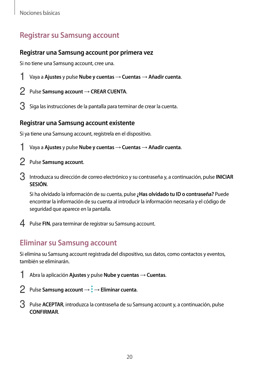 Samsung SM-T555NZWAPHE Registrar su Samsung account, Eliminar su Samsung account, Registrar una Samsung account existente 