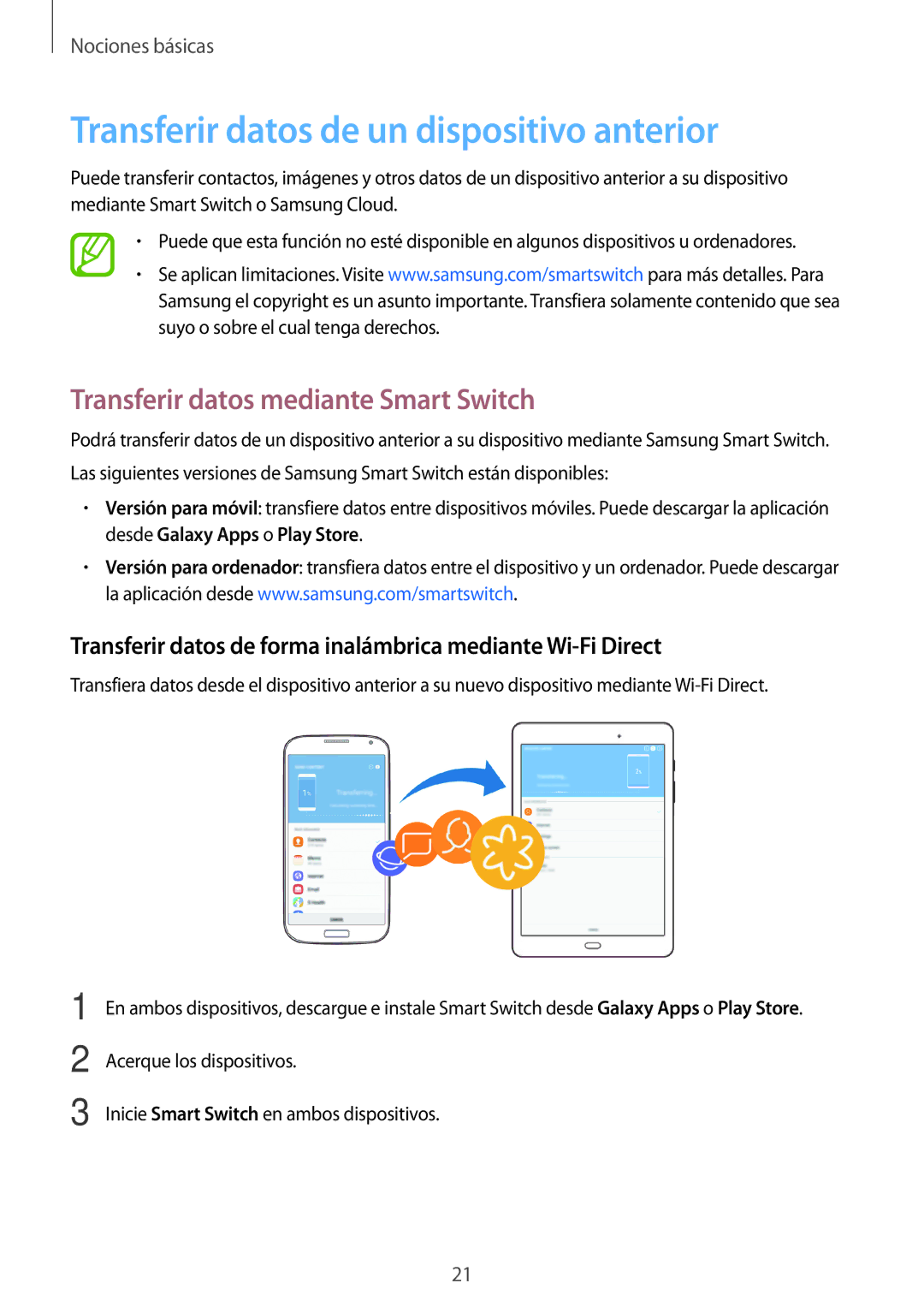 Samsung SM-T555NZWAPHE manual Transferir datos de un dispositivo anterior, Transferir datos mediante Smart Switch 