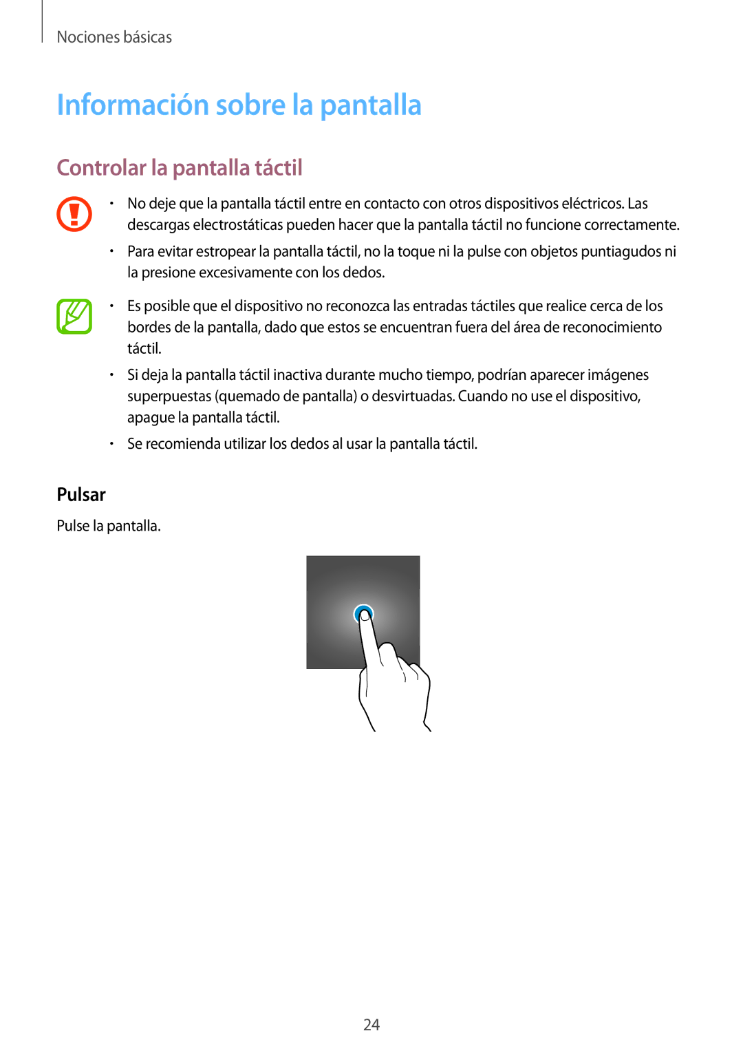 Samsung SM-T555NZWAPHE manual Información sobre la pantalla, Controlar la pantalla táctil, Pulsar 