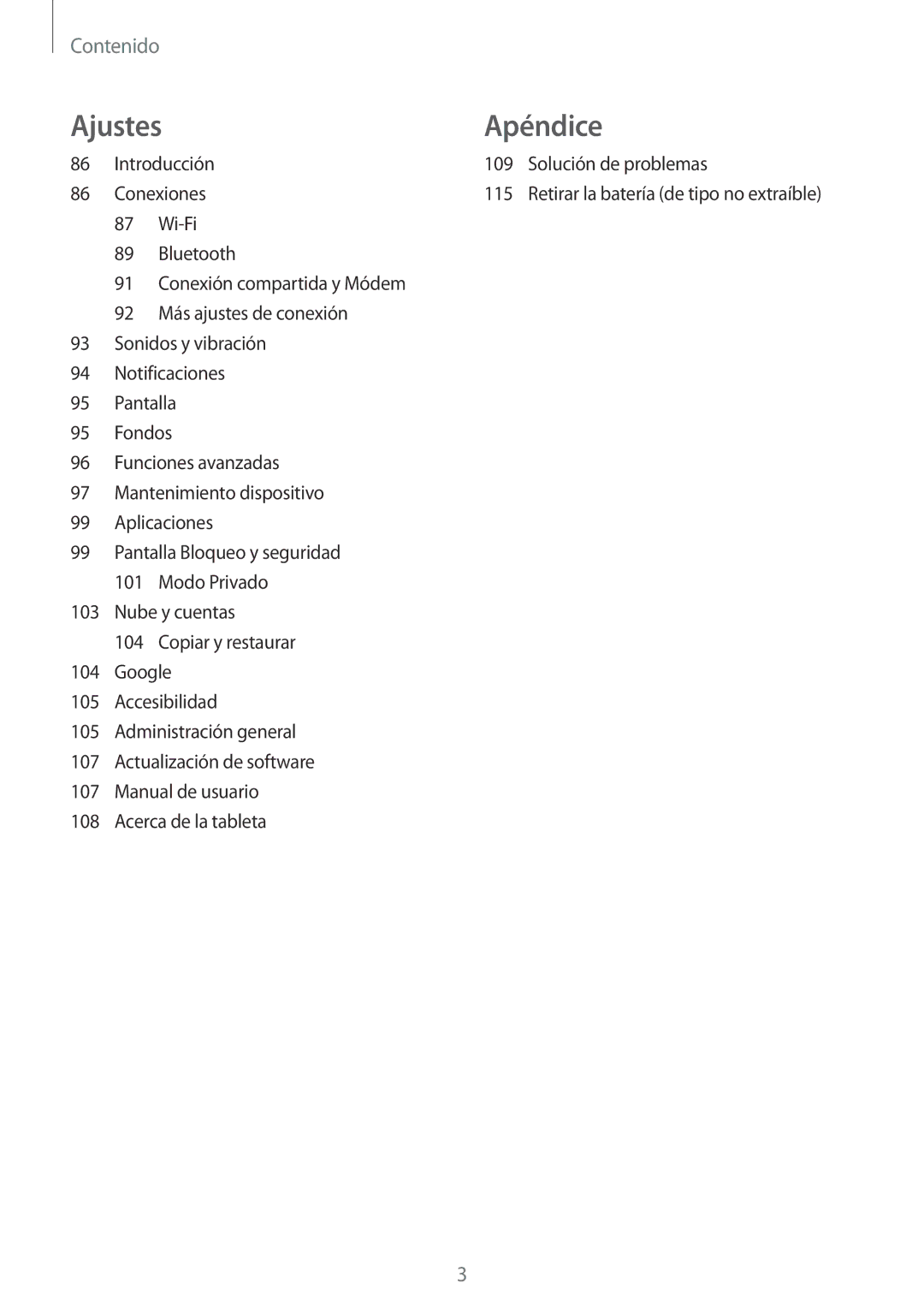 Samsung SM-T555NZWAPHE manual Ajustes Apéndice 