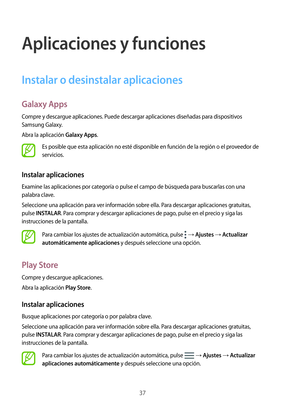 Samsung SM-T555NZWAPHE manual Instalar o desinstalar aplicaciones, Galaxy Apps, Play Store, Instalar aplicaciones 