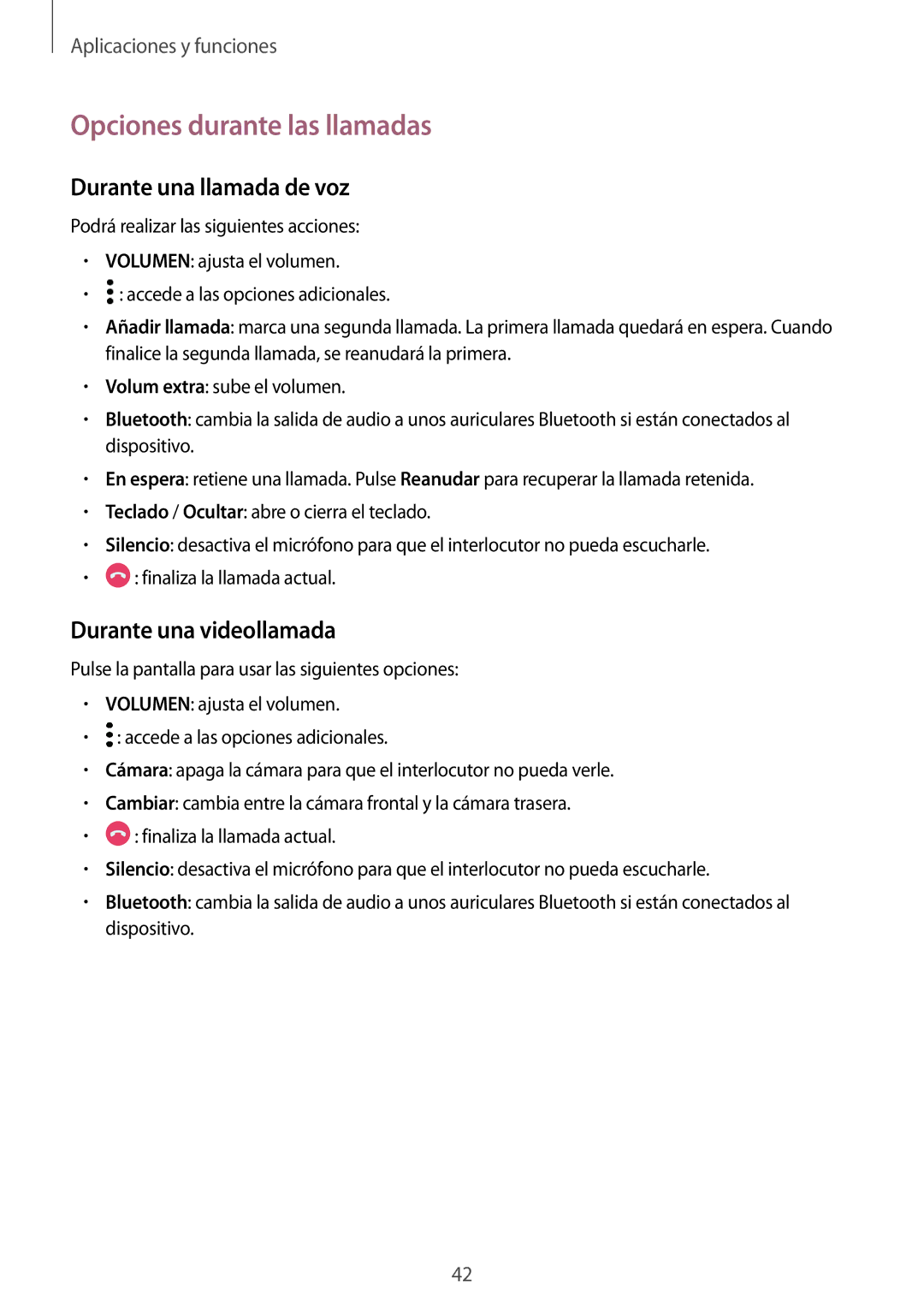 Samsung SM-T555NZWAPHE manual Opciones durante las llamadas, Durante una llamada de voz, Durante una videollamada 