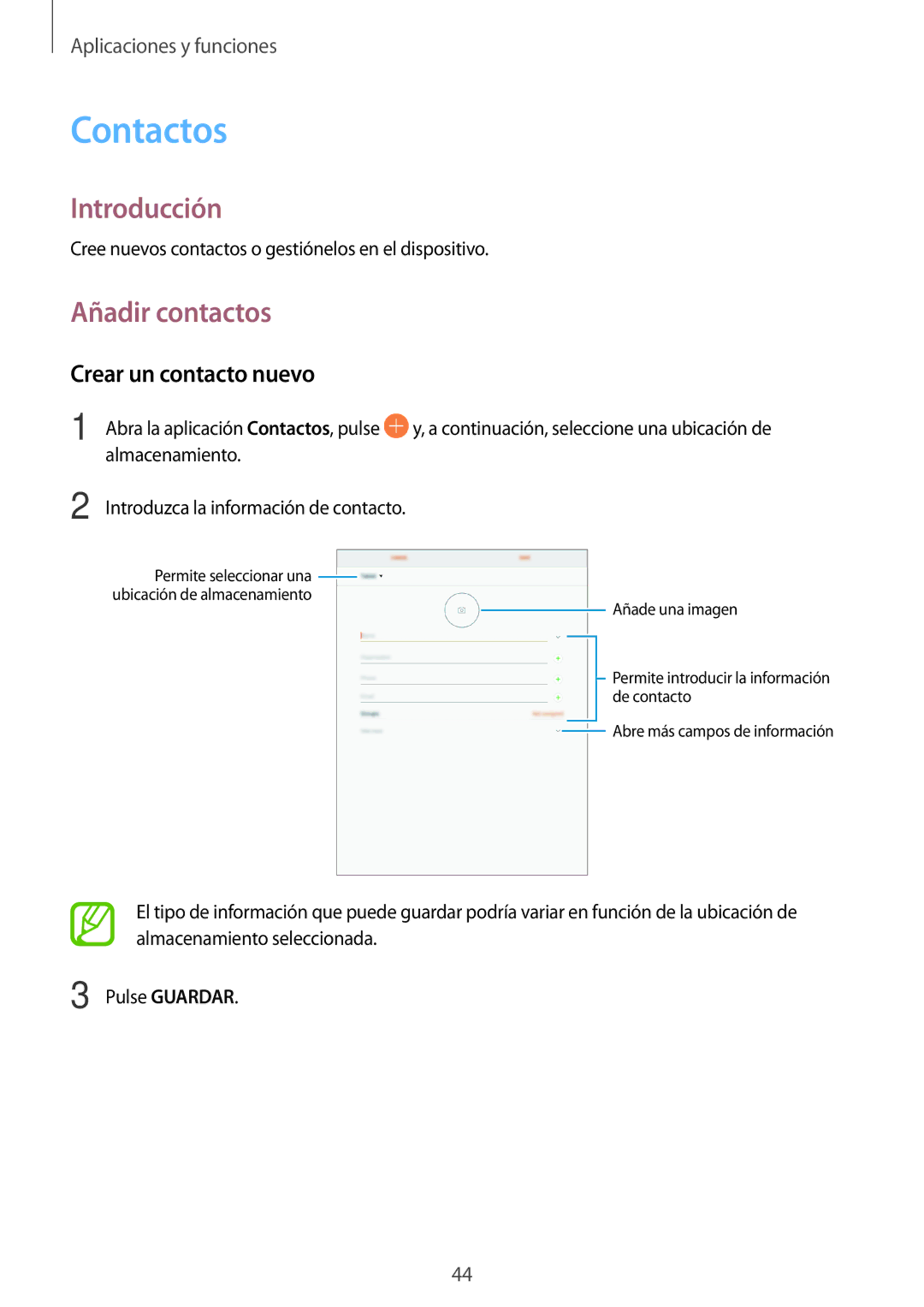 Samsung SM-T555NZWAPHE manual Contactos, Añadir contactos, Crear un contacto nuevo 