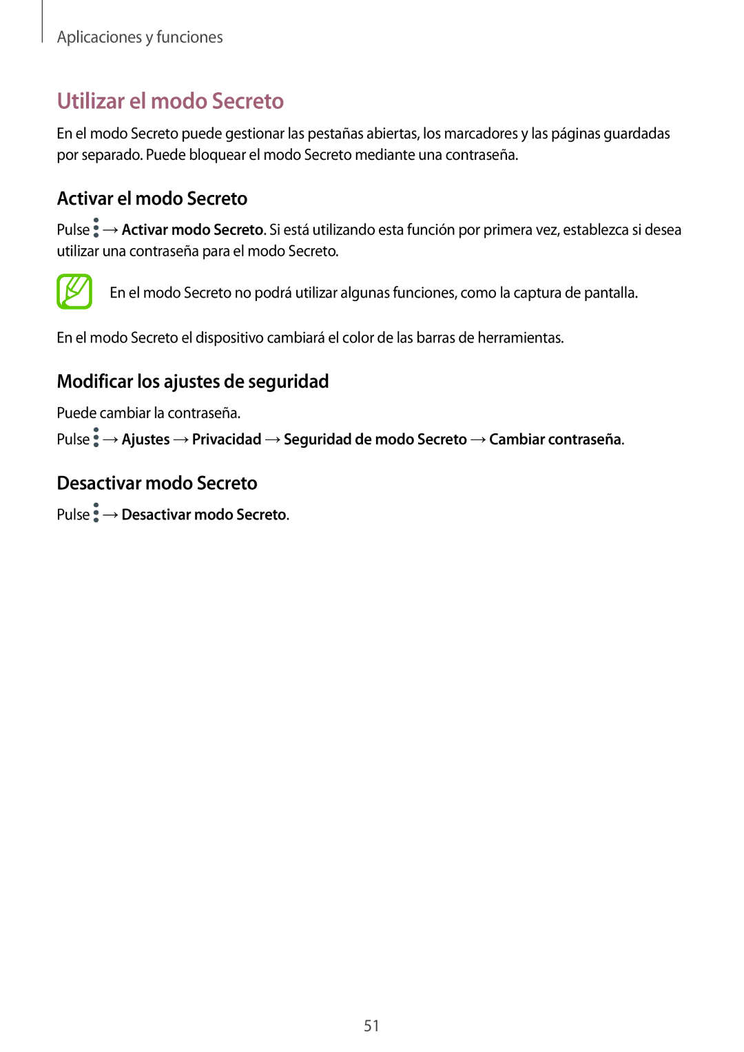 Samsung SM-T555NZWAPHE manual Utilizar el modo Secreto, Activar el modo Secreto, Modificar los ajustes de seguridad 