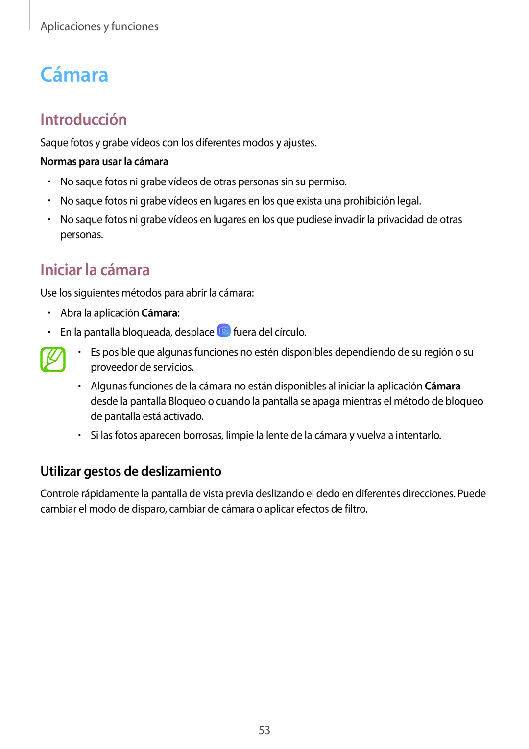 Samsung SM-T555NZWAPHE manual Cámara, Iniciar la cámara, Utilizar gestos de deslizamiento, Normas para usar la cámara 