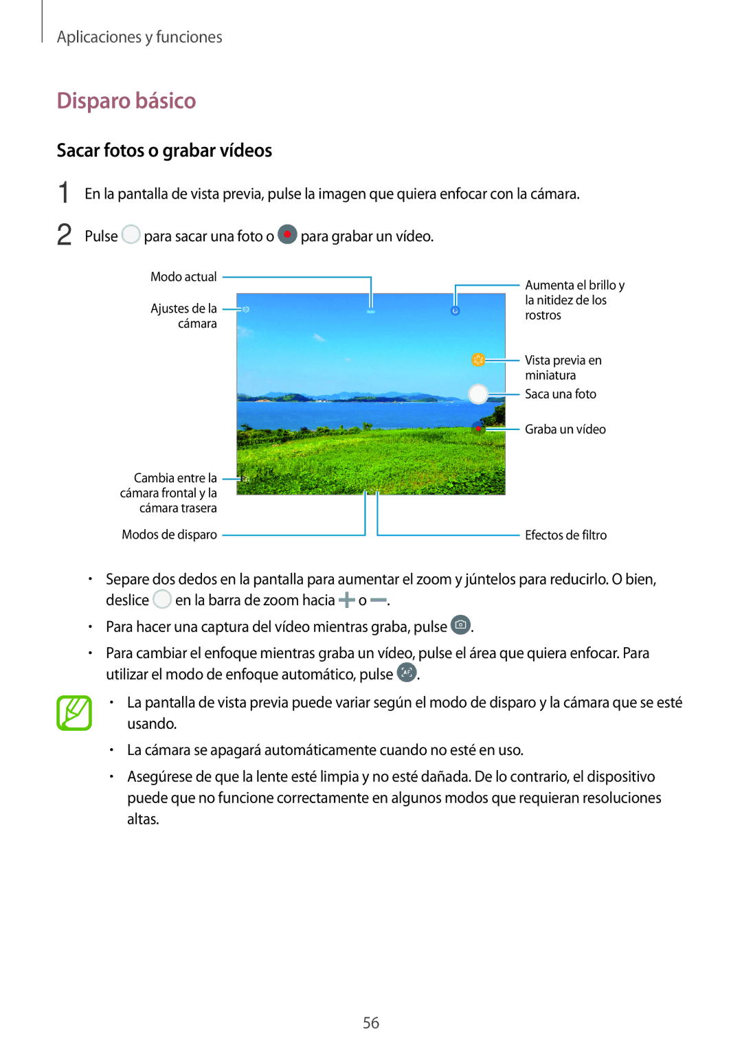 Samsung SM-T555NZWAPHE manual Disparo básico, Sacar fotos o grabar vídeos 
