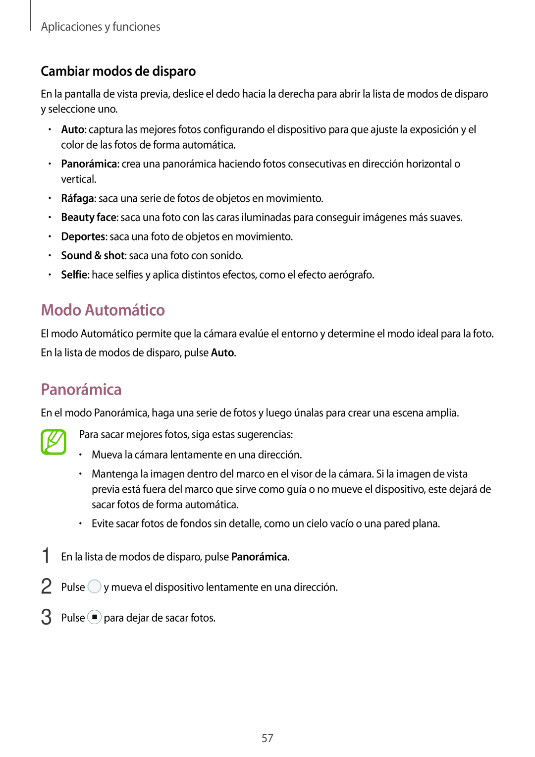 Samsung SM-T555NZWAPHE manual Modo Automático, Panorámica, Cambiar modos de disparo 